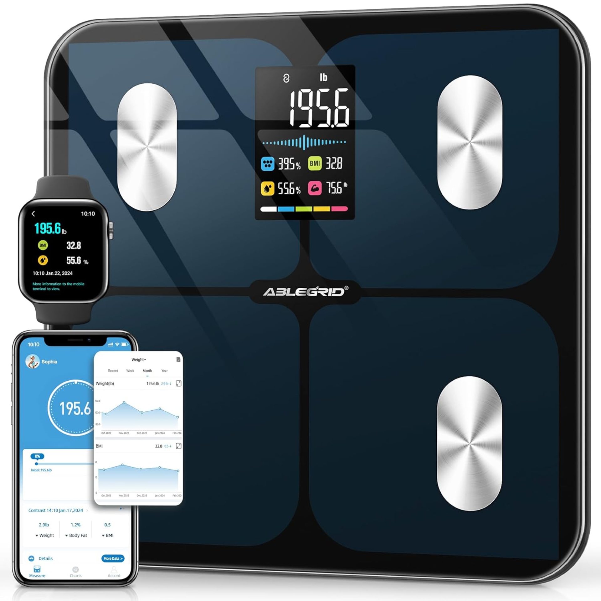 ABLEGRID Digital Smart Bathroom Scale for Body Weight and Fat Percentage,Body Fat Scale with BMI Large LCD Display,Accurate Body Composition Analyzer,Weighing Machine for People with Fitness App,400lb ABLEGRID Digital Smart Bathroom Scale for Body Weight and Fat Percentage,Body Fat Scale with BMI Large LCD Display,Accurate Body Composition Analyzer,Weighing Machine for People with Fitness App,400lb