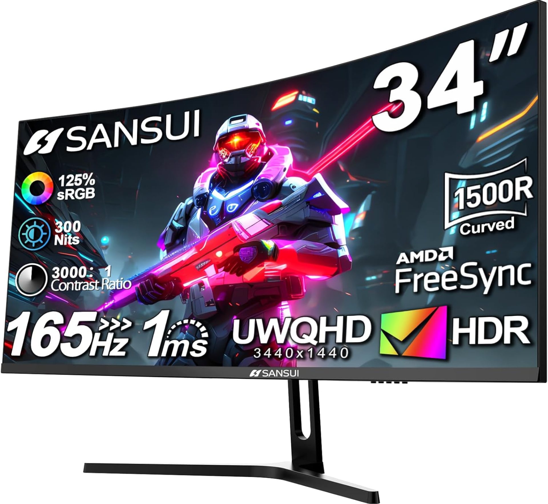 SANSUI 34-Inch Curved Gaming Monitor UWQHD 3440 x 1440 165Hz Curved 1500R – PIP/PBP, 1ms(MPRT), HDR, 300nits, sRGB 125%, DCI-P3 95%,FreeSync,HDMI x2,DP1.4 x2 (ES-G34C5 DP Cable Included) SANSUI 34-Inch Curved Gaming Monitor UWQHD 3440 x 1440 165Hz Curved 1500R – PIP/PBP, 1ms(MPRT), HDR, 300nits, sRGB 125%, DCI-P3 95%,FreeSync,HDMI x2,DP1.4 x2 (ES-G34C5 DP Cable Included)