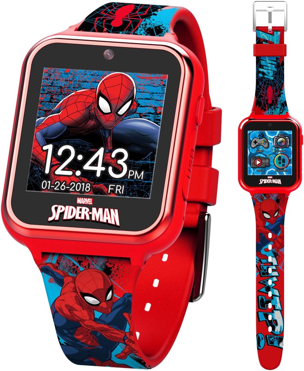 Accutime Marvel Spider-Man Red Educational Touchscreen Smart Watch Toy for Boys, Girls, Toddlers – Selfie Cam, Learning Games, Alarm, Calculator, Pedometer, and More (Model: SPD4588AZ) Accutime Marvel Spider-Man Red Educational Touchscreen Smart Watch Toy for Boys, Girls, Toddlers – Selfie Cam, Learning Games, Alarm, Calculator, Pedometer, and More (Model: SPD4588AZ)