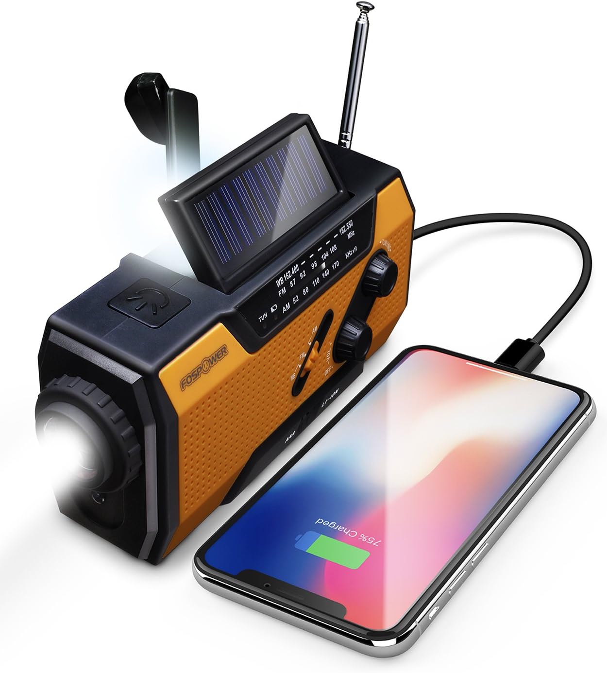 FosPower Emergency Weather Radio (Model A1) NOAA/AM/FM with 7400mWh Portable Power Bank, USB/Solar/Hand Crank Charging, Battery Operated, SOS Alarm & Flashlight for Indoor/Outdoor Emergencies FosPower Emergency Weather Radio (Model A1) NOAA/AM/FM with 7400mWh Portable Power Bank, USB/Solar/Hand Crank Charging, Battery Operated, SOS Alarm & Flashlight for Indoor/Outdoor Emergencies