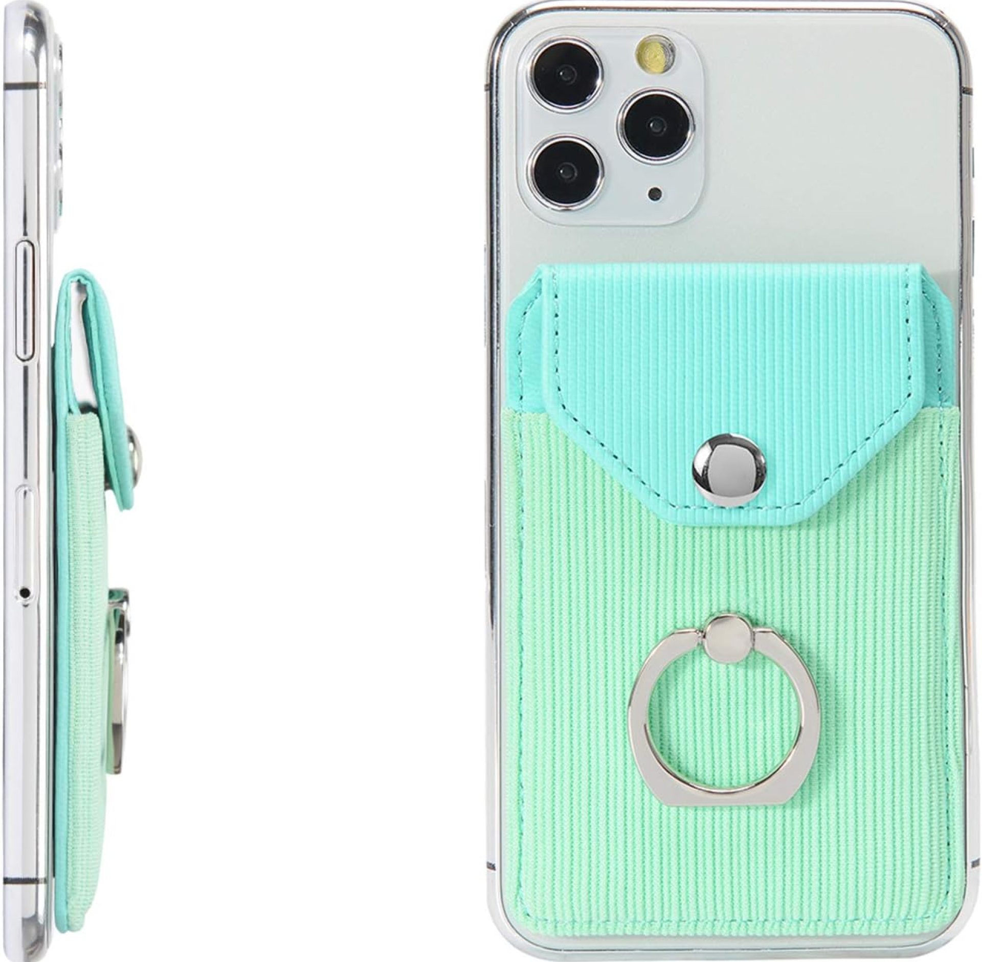 RFID Card Holder & Ring Stand for Smartphones – Adhesive Wallet for iPhone & Android – Polyester Green RFID Card Holder & Ring Stand for Smartphones – Adhesive Wallet for iPhone & Android – Polyester Green
