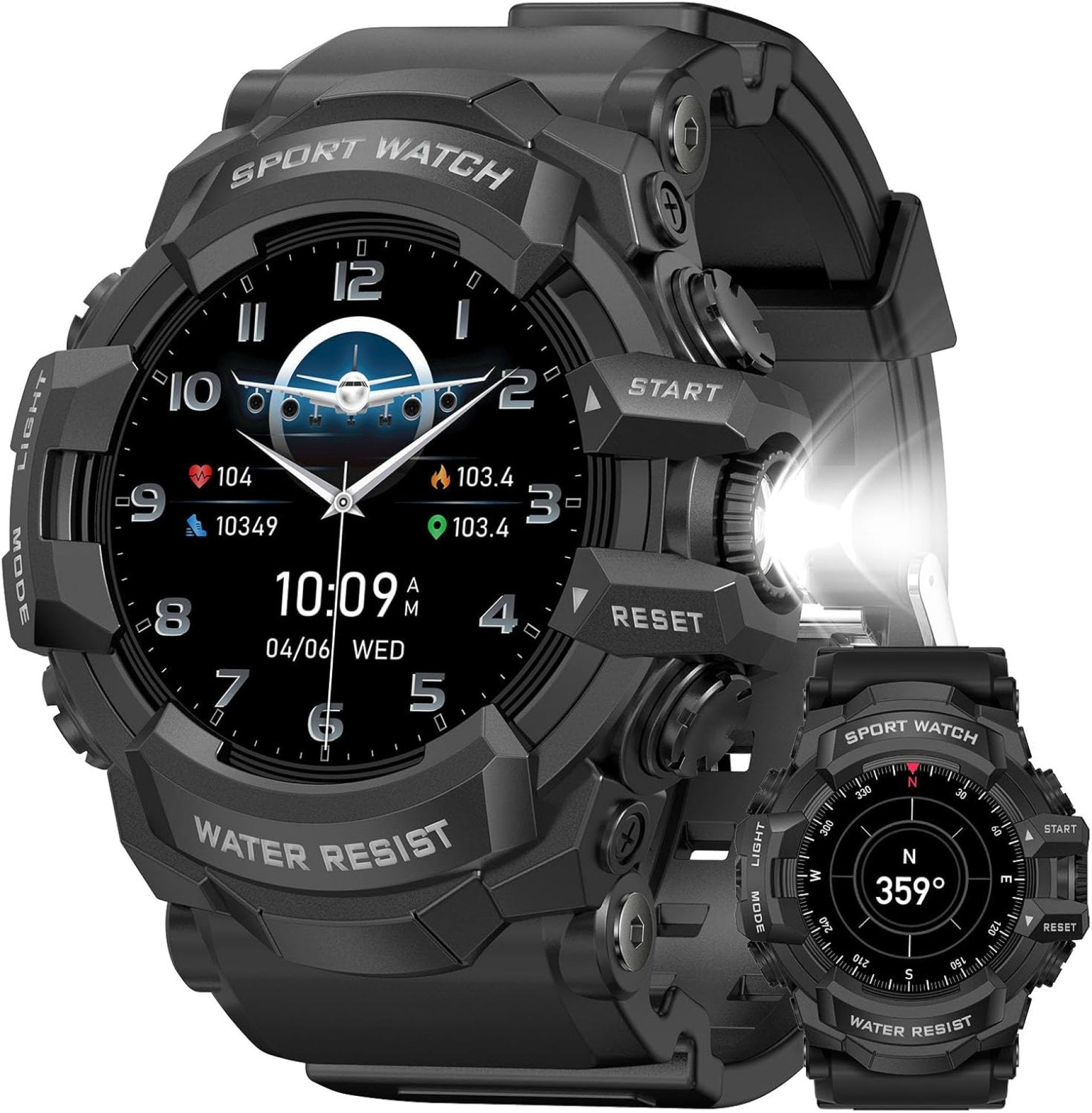 MIDDOW Military Smart Watch with Flashlight (Answer/Make Call) Compass, Heart Rate/Sleep/Sports Tracker, IP68 Waterproof, Long Battery Life, HD Screen, Android & iOS (Black) MIDDOW Military Smart Watch with Flashlight (Answer/Make Call) Compass, Heart Rate/Sleep/Sports Tracker, IP68 Waterproof, Long Battery Life, HD Screen, Android & iOS (Black)