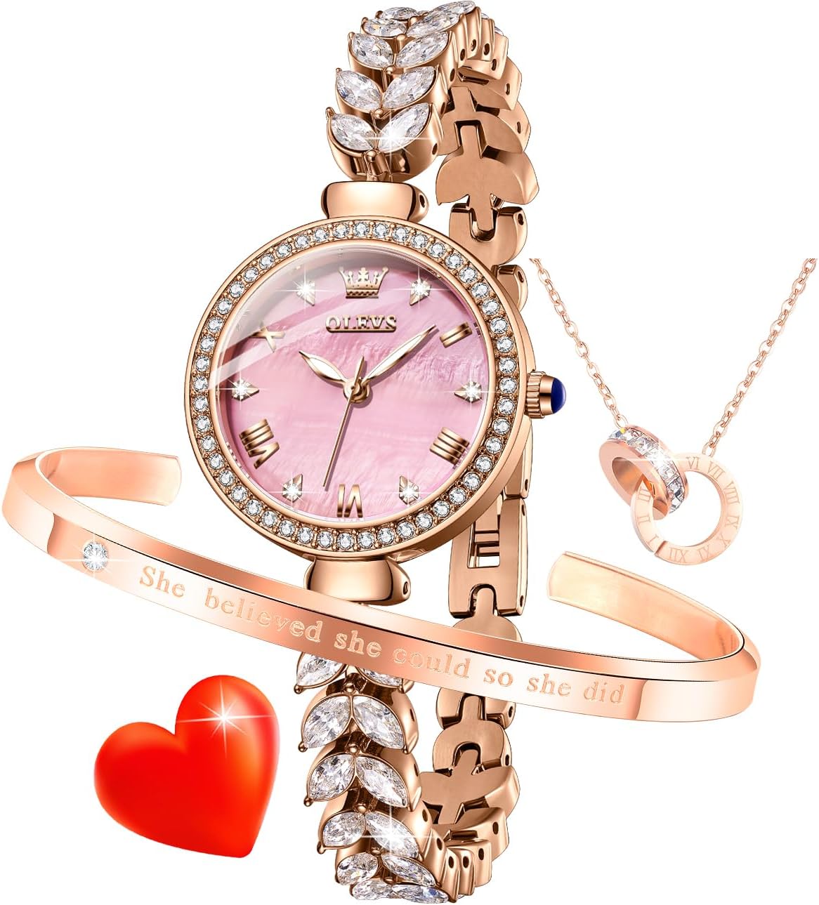 OLEVS Women Watch Set Shinning Diamond Rose Gold Elegant Luxury Ladies Dress Wrist Watches Necklaces & Bracelets OLEVS Women Watch Set Shinning Diamond Rose Gold Elegant Luxury Ladies Dress Wrist Watches Necklaces & Bracelets