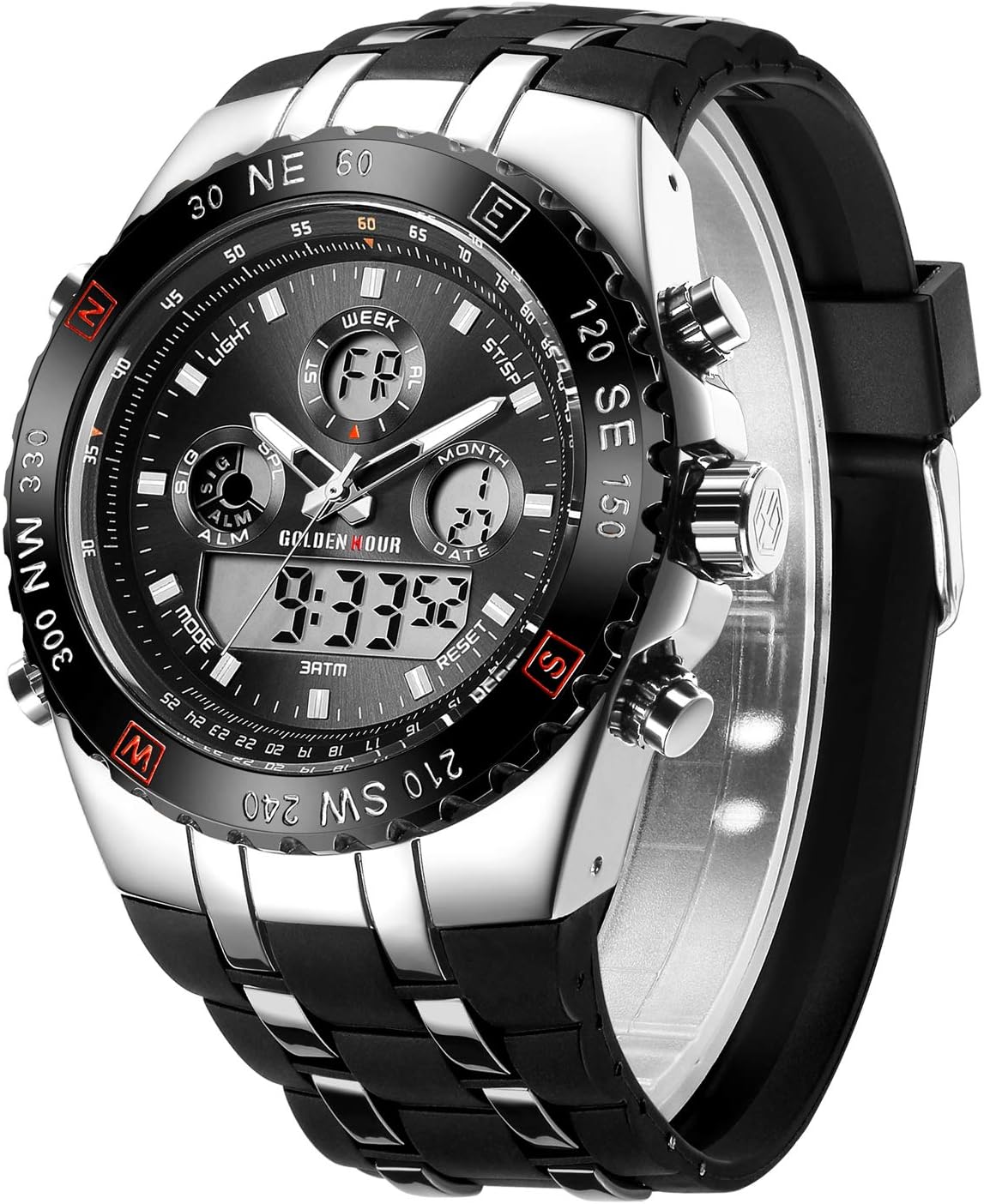 GOLDEN HOUR Luxury Military Sports Men’s Watches Large Size Big Face 3ATM Waterproof, Stopwatch, Date and Date, Alarm, Luminous Digital Analog Wrist Watch with Rubber Band GOLDEN HOUR Luxury Military Sports Men’s Watches Large Size Big Face 3ATM Waterproof, Stopwatch, Date and Date, Alarm, Luminous Digital Analog Wrist Watch with Rubber Band