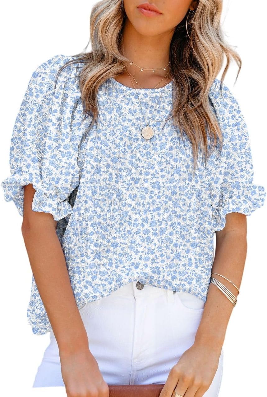 Dokotoo Floral Print Blouses for Women Crewneck Smocked Puff Sleeve Shirts Casual Babydoll Tops Dokotoo Floral Print Blouses for Women Crewneck Smocked Puff Sleeve Shirts Casual Babydoll Tops