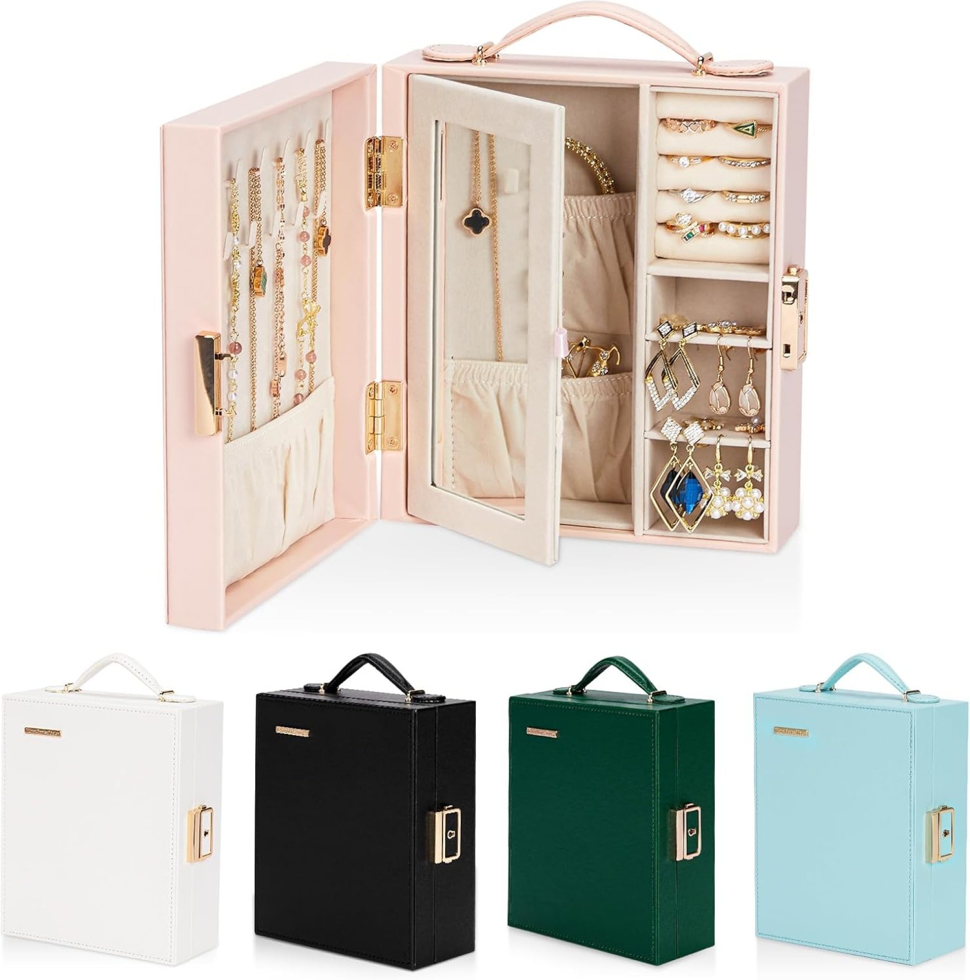 Travel Jewelry Case, Essentials for vacation, Portable Bangle Box with Mirror, PU Leather Small Watch Organizer for Rings, Earrings, Necklaces, Bracelets (Light Pink) Travel Jewelry Case, Essentials for vacation, Portable Bangle Box with Mirror, PU Leather Small Watch Organizer for Rings, Earrings, Necklaces, Bracelets (Light Pink)