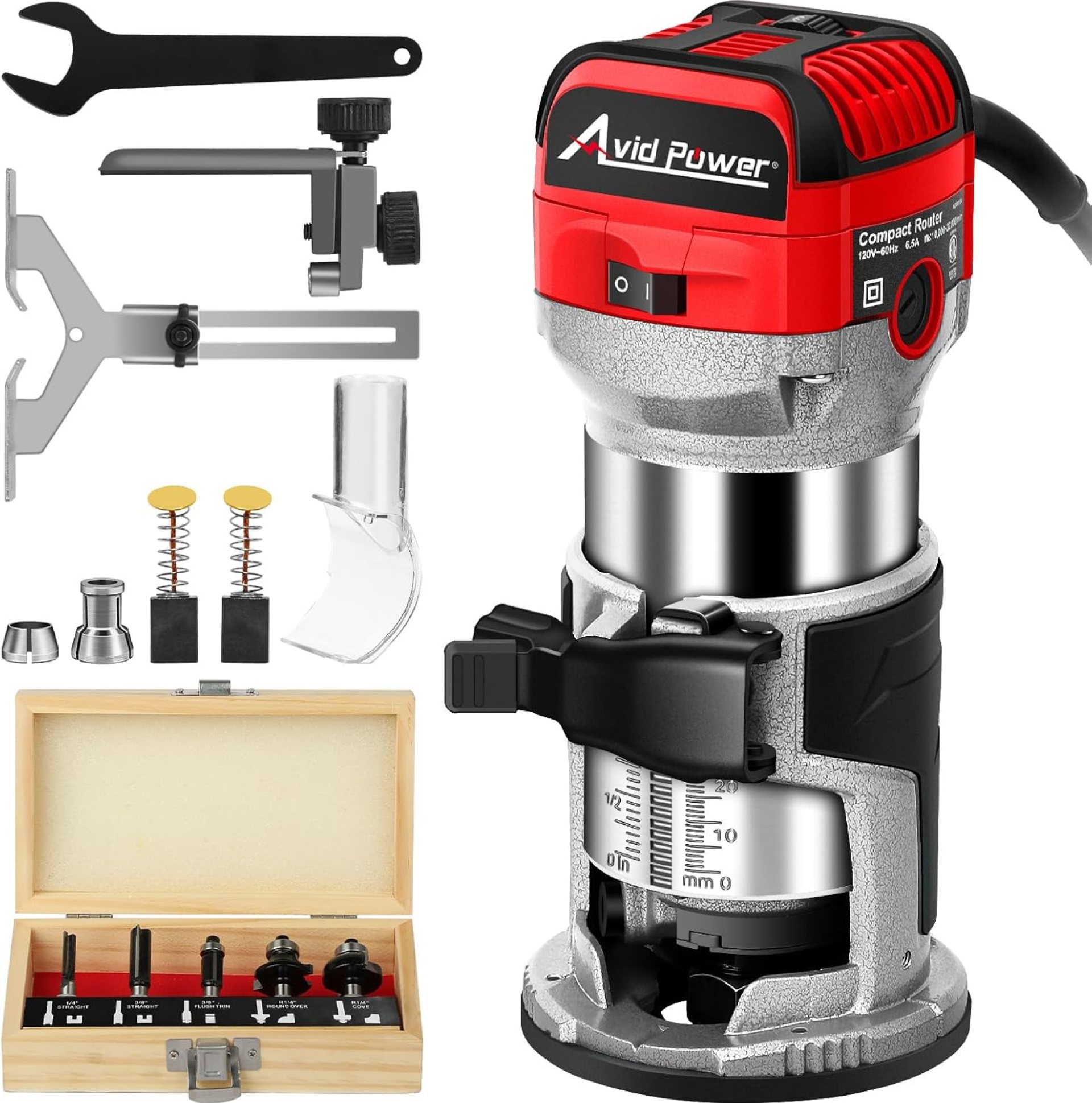 AVID POWER 6.5 Amp 1.25 HP Compact Router Tools for Woodworking, Fixed Base Wood Router with Trim Router Bits, 6 Variable Speeds, Edge Guide, Roller Guide, Dust Hood (Red, 65mm) AVID POWER 6.5 Amp 1.25 HP Compact Router Tools for Woodworking, Fixed Base Wood Router with Trim Router Bits, 6 Variable Speeds, Edge Guide, Roller Guide, Dust Hood (Red, 65mm)