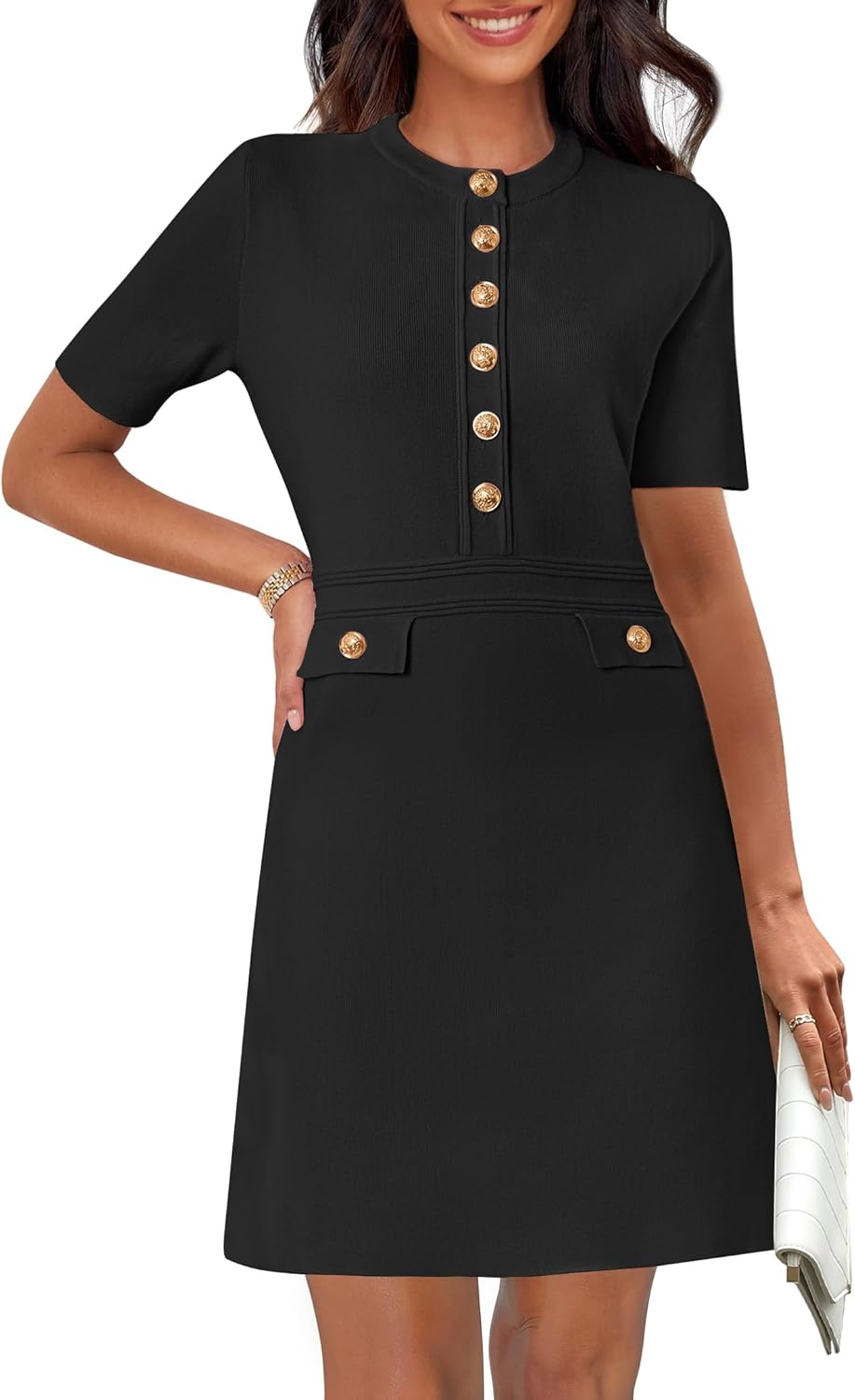 MEROKEETY Women’s Knit Bodycon Sweater Dress Button Short Sleeve Crew Neck Elegant Formal Mini Dress MEROKEETY Women’s Knit Bodycon Sweater Dress Button Short Sleeve Crew Neck Elegant Formal Mini Dress