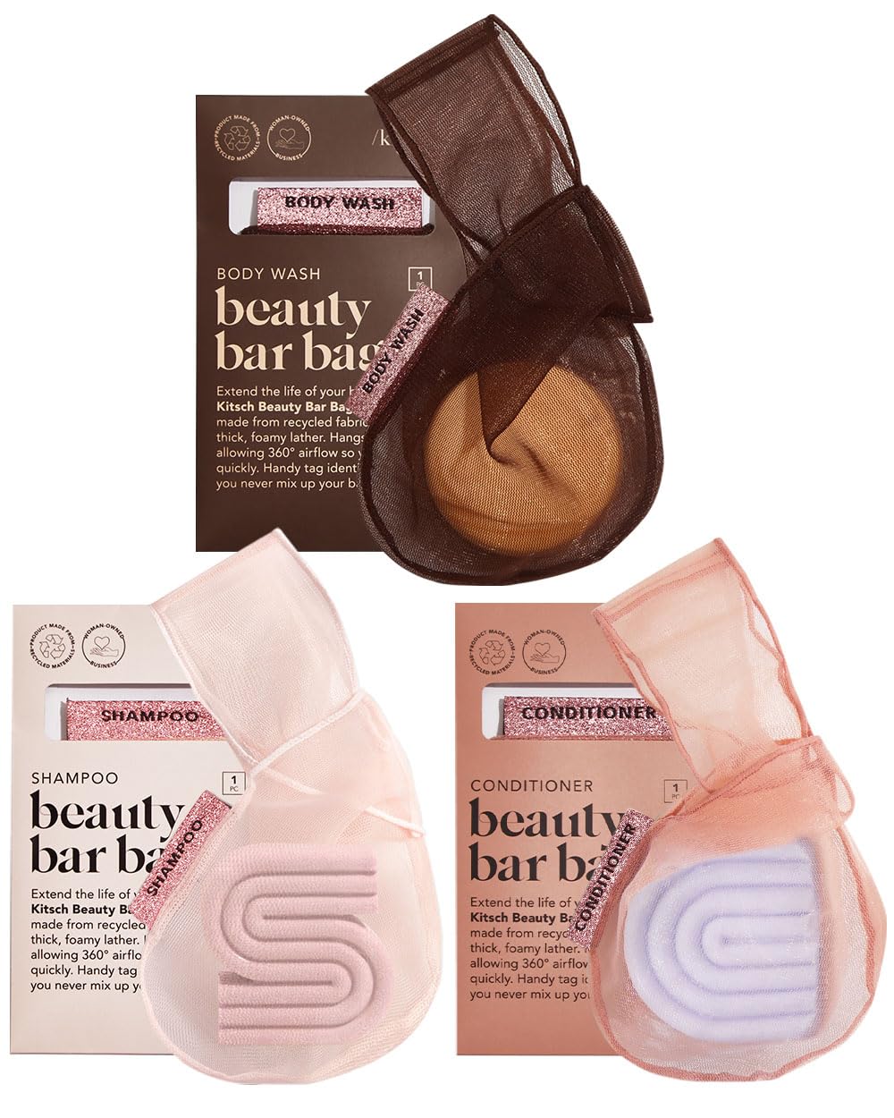 Kitsch Bar Soap Saver Bag – Recycled Mesh Beauty Bar Pouch for Body Wash, Conditioner & Shampoo Bars, Holder to Preserve Soap, Eco-Friendly, Patented Bag, 3pc Set – Blush, Terracotta & Chocolate Kitsch Bar Soap Saver Bag – Recycled Mesh Beauty Bar Pouch for Body Wash, Conditioner & Shampoo Bars, Holder to Preserve Soap, Eco-Friendly, Patented Bag, 3pc Set – Blush, Terracotta & Chocolate