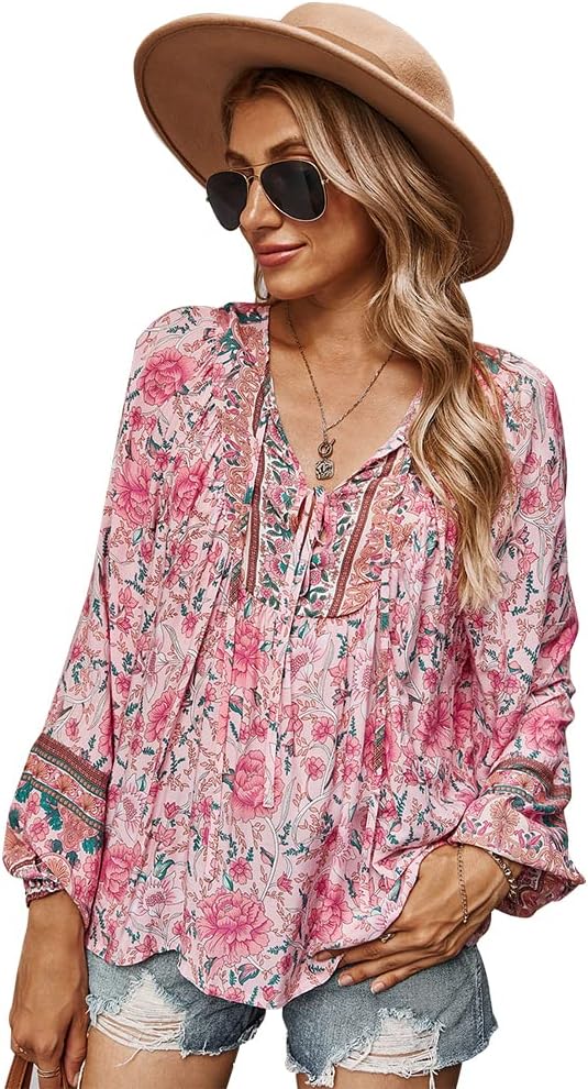 KAYWIDE Women’s Casual Boho V Neck Top Loose Floral Printed Long Sleeve Beach Shirts Blouses KAYWIDE Women’s Casual Boho V Neck Top Loose Floral Printed Long Sleeve Beach Shirts Blouses
