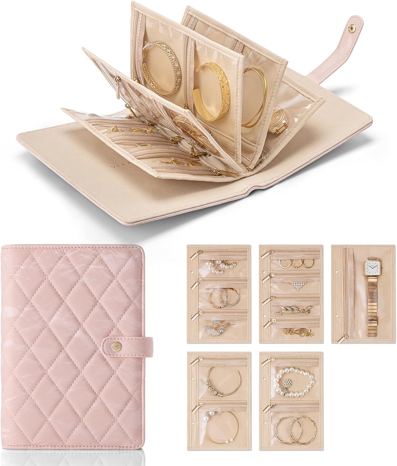 Vlando Travel Jewelry Organizer Case,Jewelry Storage Book Ring Binder with Clear Zipper Velvet Pouch Bag for Travel Essentials,Rings,Necklace,Earrings,Bracelets,Brooches,Gifts for Women-Sand Pink Vlando Travel Jewelry Organizer Case,Jewelry Storage Book Ring Binder with Clear Zipper Velvet Pouch Bag for Travel Essentials,Rings,Necklace,Earrings,Bracelets,Brooches,Gifts for Women-Sand Pink