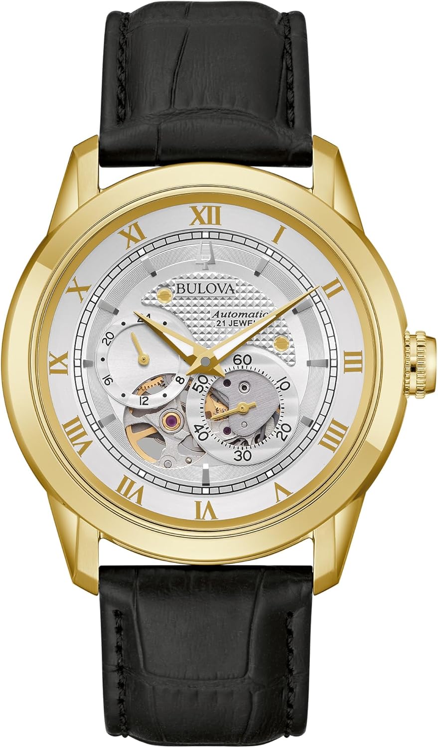 Bulova Men’s Classic Sutton 4-Hand Automatic Watch, 24-Hour Sub Dial, Open Aperture, Self-Winding, Exhibition Caseback, Double Curved Mineral Crystal, Luminous Hands, 42mm Bulova Men’s Classic Sutton 4-Hand Automatic Watch, 24-Hour Sub Dial, Open Aperture, Self-Winding, Exhibition Caseback, Double Curved Mineral Crystal, Luminous Hands, 42mm