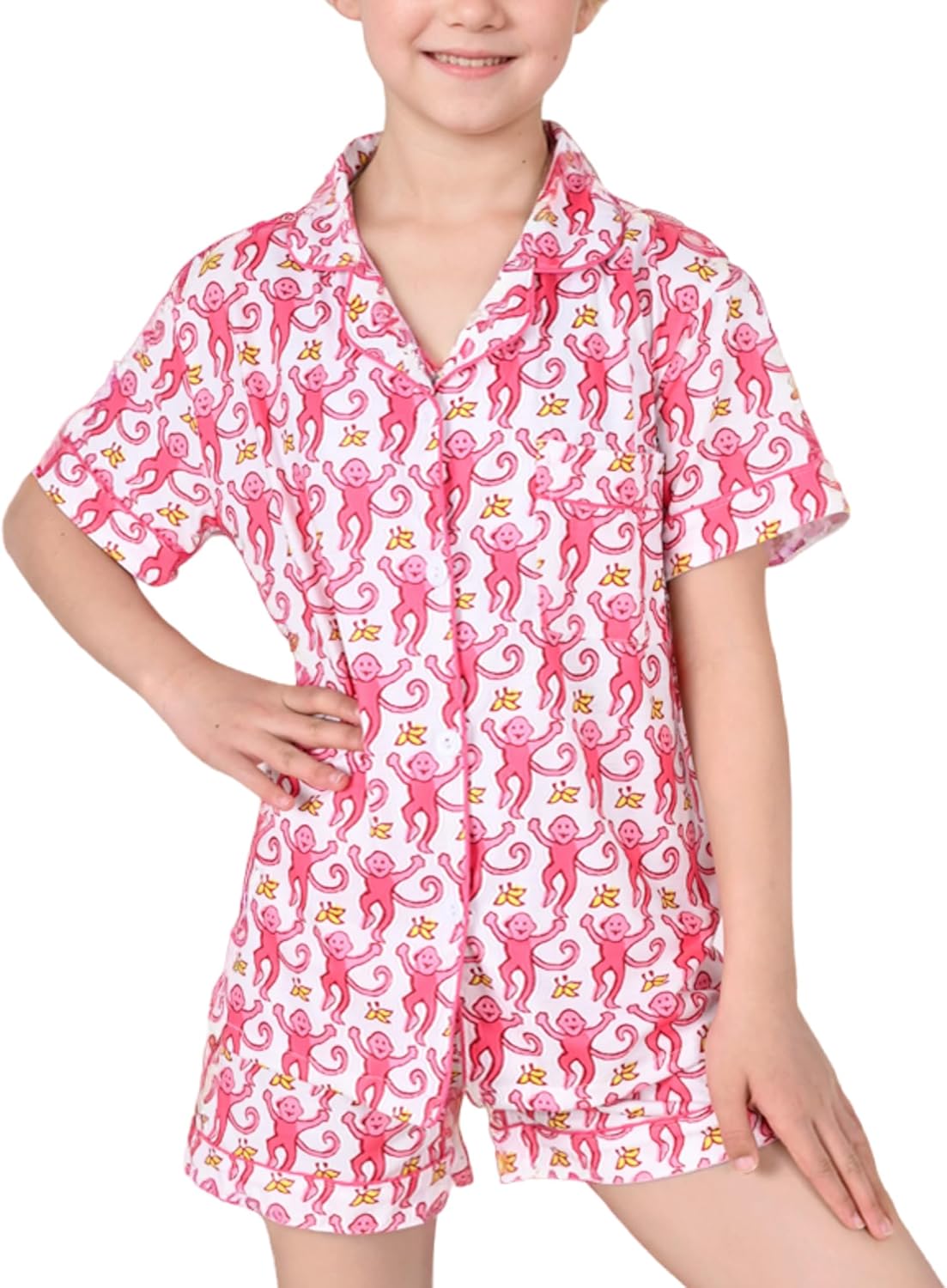 Girls Summer Outfit, Kids 2 Piece Button Down Monkey Beach Shorts Set Ugly Animal Y2k Preppy Loungewear Pjs Girls Summer Outfit, Kids 2 Piece Button Down Monkey Beach Shorts Set Ugly Animal Y2k Preppy Loungewear Pjs