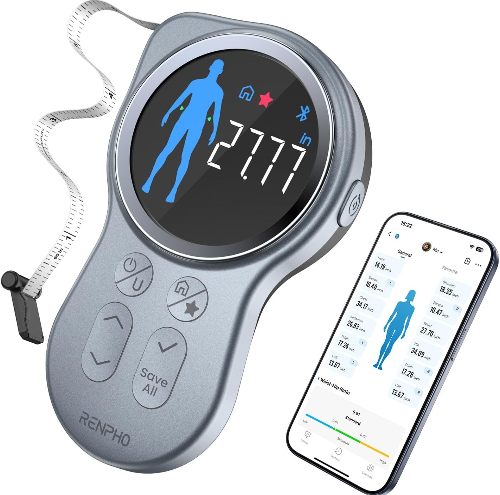 RENPHO Smart Tape Measure with Large Display, FSA HSA Eligible, Bluetooth Body Measuring Tape with App for Weight Loss, Fitness Shape, Measure Circumference Length RENPHO Smart Tape Measure with Large Display, FSA HSA Eligible, Bluetooth Body Measuring Tape with App for Weight Loss, Fitness Shape, Measure Circumference Length