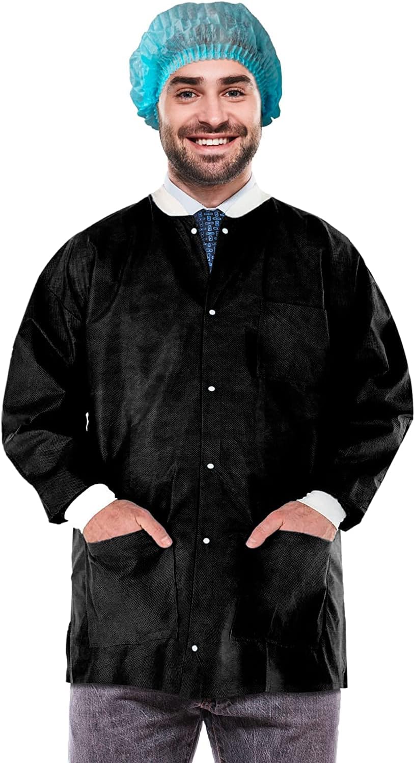 Amazing Supply Disposable Lab Jackets, 32inch Long. Pack of 10 Black Hip-Length Work Gowns X-Large. SMS 50 gsm Shirts with Snaps Front,3 Pockets. Unisex PPE Body Protective Short Coats. X-Large Amazing Supply Disposable Lab Jackets, 32inch Long. Pack of 10 Black Hip-Length Work Gowns X-Large. SMS 50 gsm Shirts with Snaps Front,3 Pockets. Unisex PPE Body Protective Short Coats. X-Large