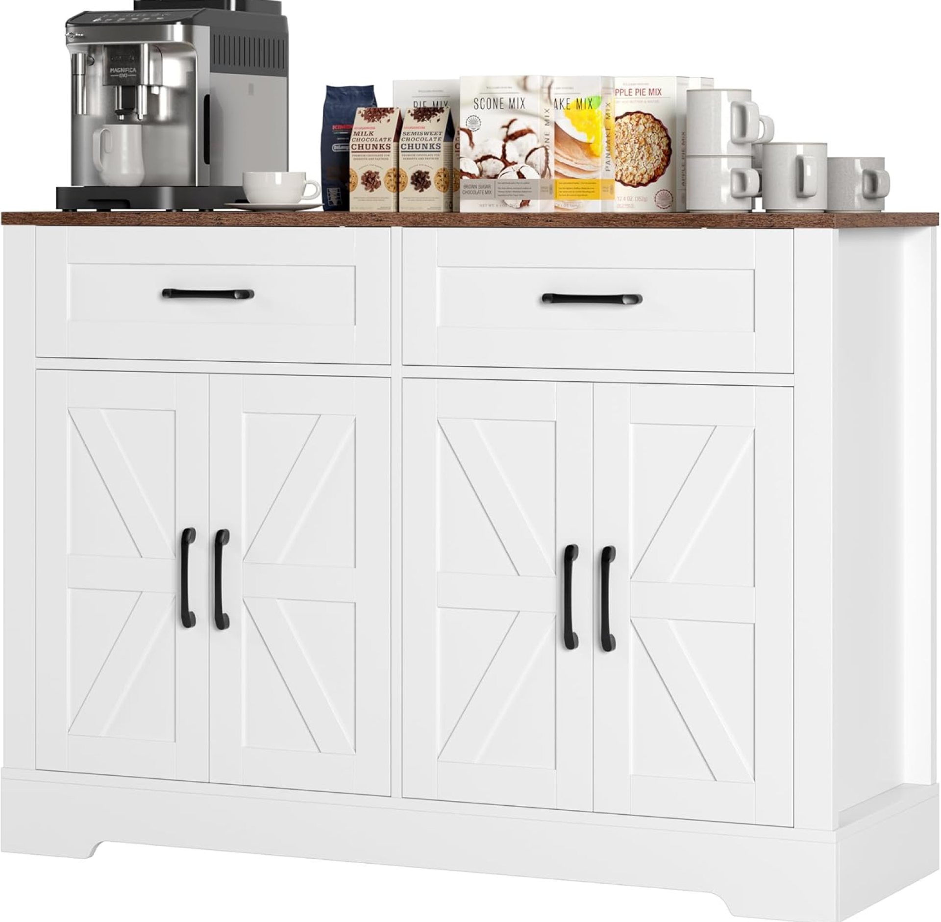 Farmhouse Sideboard Buffet Cabinet with Storage, 47.2”Kitchen Storage Cabinet with Drawers, Coffee Bar with Barn Doors for Kitchen, Hallway, White and Brown Farmhouse Sideboard Buffet Cabinet with Storage, 47.2”Kitchen Storage Cabinet with Drawers, Coffee Bar with Barn Doors for Kitchen, Hallway, White and Brown