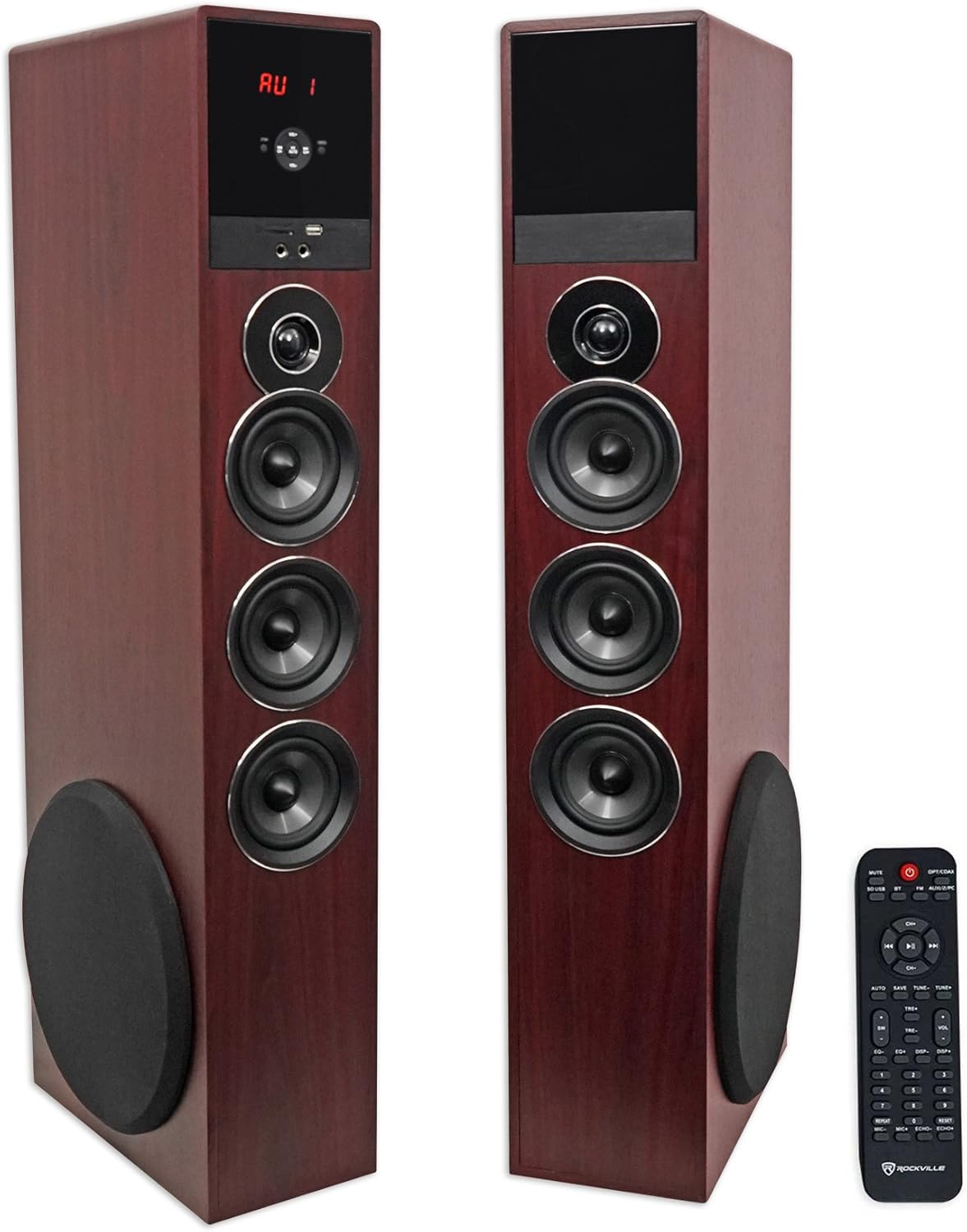 Rockville TM150C Powered Home Theater Tower Speaker System, Cherry Wood, 1000W, 10″ Subwoofers, Bluetooth, USB/SD Playback, FM Radio, Remote Control, Karaoke Ready, Perfect for Home Entertainment Rockville TM150C Powered Home Theater Tower Speaker System, Cherry Wood, 1000W, 10″ Subwoofers, Bluetooth, USB/SD Playback, FM Radio, Remote Control, Karaoke Ready, Perfect for Home Entertainment