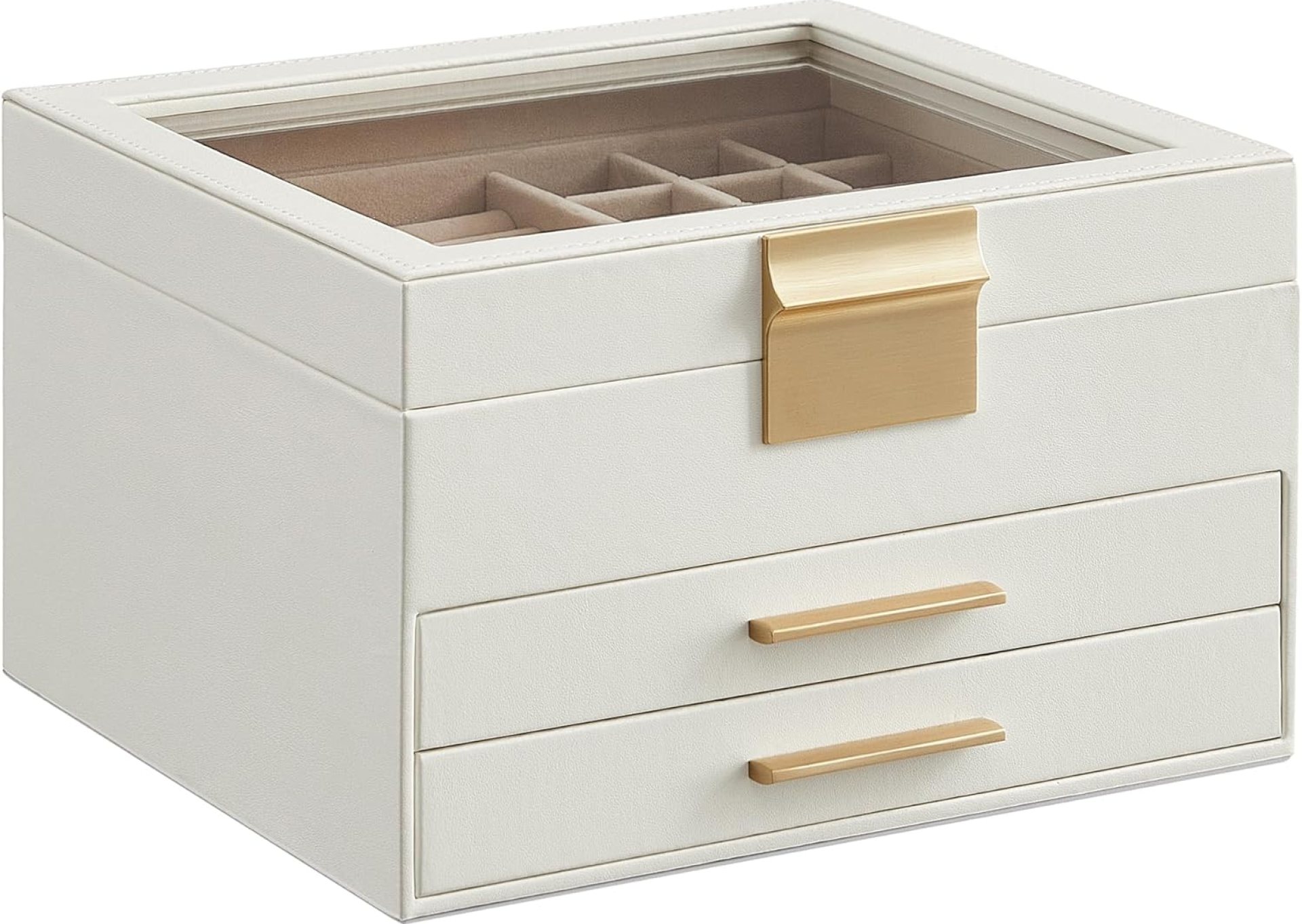 SONGMICS Jewelry Box with Glass Lid, 3-Layer Jewelry Organizer, 2 Drawers, for Big and Small Jewelry, Jewelry Storage, Modern Style, 8 x 9.1 x 5.3 Inches, Cloud White and Gold Color UJBC239WT SONGMICS Jewelry Box with Glass Lid, 3-Layer Jewelry Organizer, 2 Drawers, for Big and Small Jewelry, Jewelry Storage, Modern Style, 8 x 9.1 x 5.3 Inches, Cloud White and Gold Color UJBC239WT