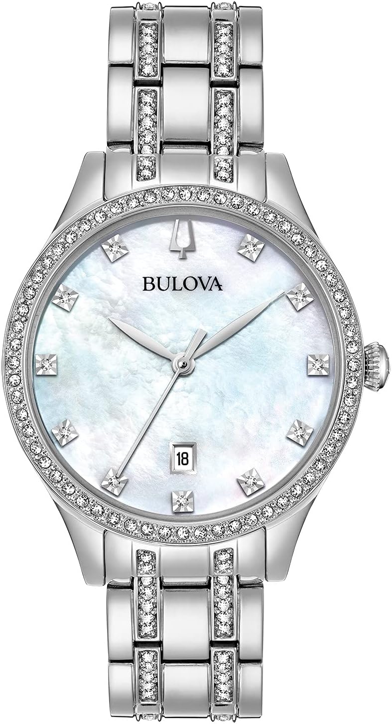 Bulova Ladies’ Classic Crystal Stainless Steel 3-Hand Quartz Watch, White Mother-of-Pearl Dial Style: 96M144 Bulova Ladies’ Classic Crystal Stainless Steel 3-Hand Quartz Watch, White Mother-of-Pearl Dial Style: 96M144