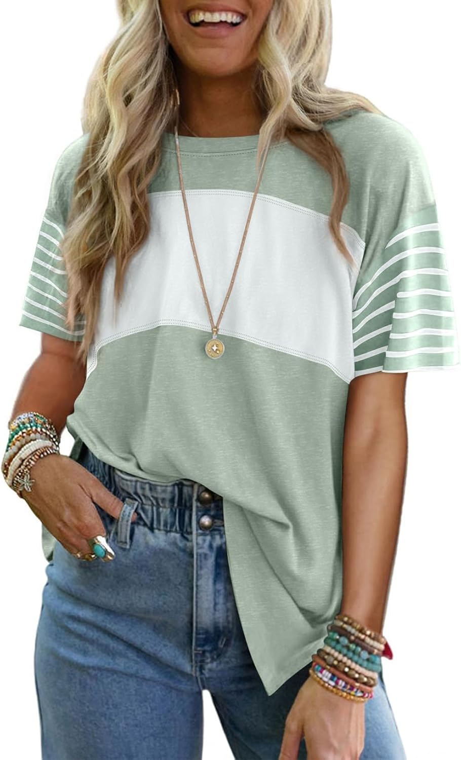 Dokotoo Summer Tops Trendy Oversized 2025 Crewneck Casual Color Block Striped Womens Shirts Blouses Dokotoo Summer Tops Trendy Oversized 2025 Crewneck Casual Color Block Striped Womens Shirts Blouses