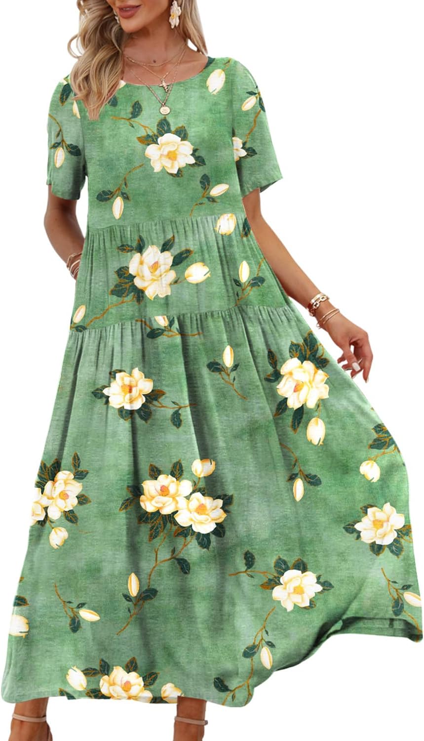 YESNO Women Casual Loose Bohemian Floral Dress with Pockets Short Sleeve Long Maxi Summer Beach Swing Dress EJF YESNO Women Casual Loose Bohemian Floral Dress with Pockets Short Sleeve Long Maxi Summer Beach Swing Dress EJF