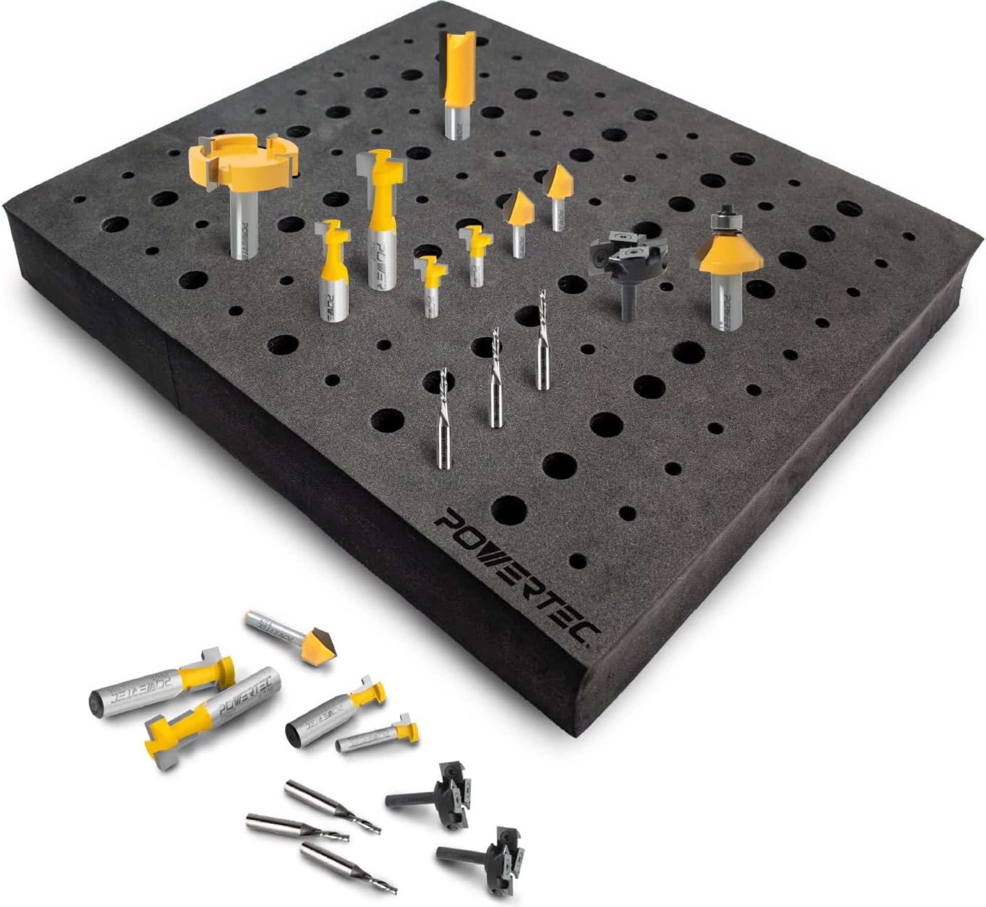 POWERTEC Router Bit Tray for 110 Bits. 50 1/2″ and 60 1/4″ Shank, Router Bit Holder, Woodworking Tools Form for 1/2″ & 1/4″ Shank Router Bits (71046) POWERTEC Router Bit Tray for 110 Bits. 50 1/2″ and 60 1/4″ Shank, Router Bit Holder, Woodworking Tools Form for 1/2″ & 1/4″ Shank Router Bits (71046)