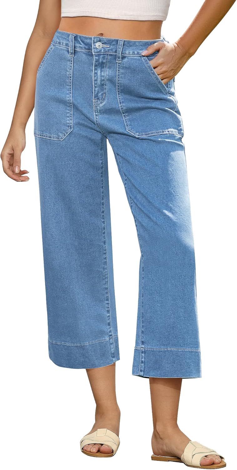 GRAPENT Capri Jeans for Women High Waisted Wide Leg Trendy Strechy Loose Straight Cropped Denim Jeans Pants with Pockets GRAPENT Capri Jeans for Women High Waisted Wide Leg Trendy Strechy Loose Straight Cropped Denim Jeans Pants with Pockets