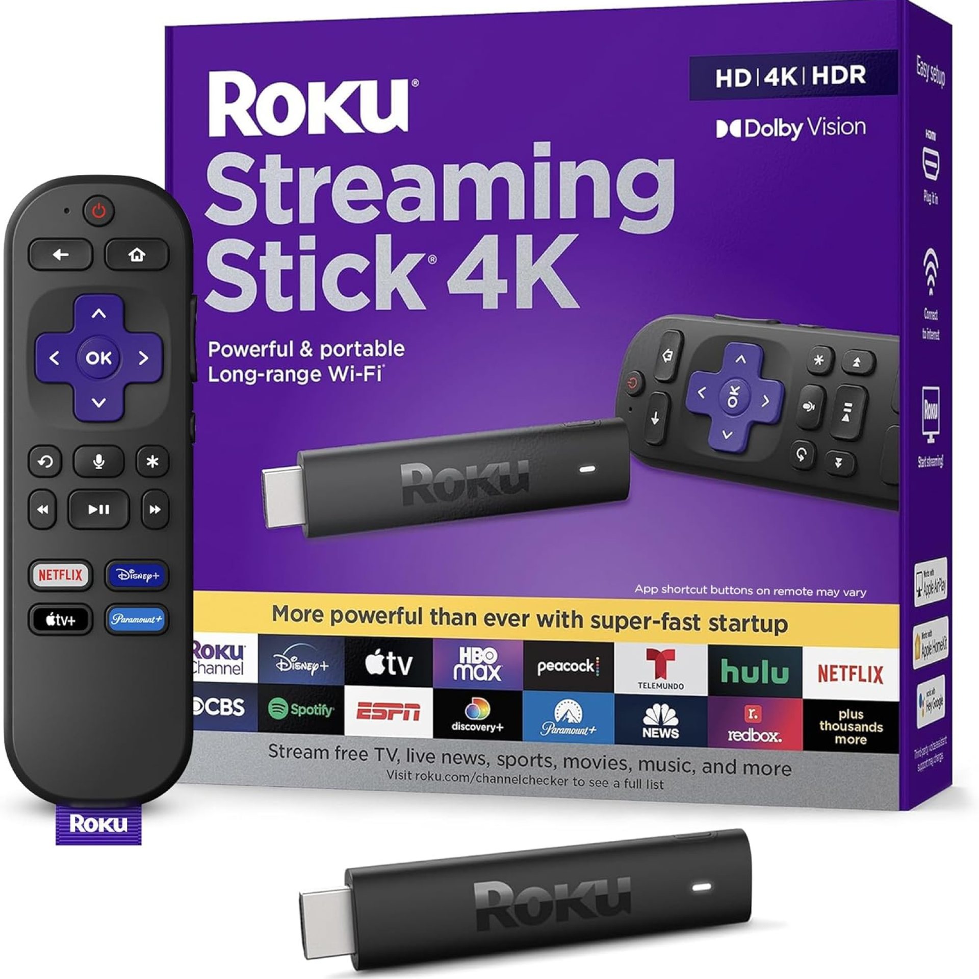 Roku Streaming Stick 4K | Portable Roku Streaming Device 4K/HDR/Dolby Vision, Roku Voice Remote, Free & Live TV Roku Streaming Stick 4K | Portable Roku Streaming Device 4K/HDR/Dolby Vision, Roku Voice Remote, Free & Live TV