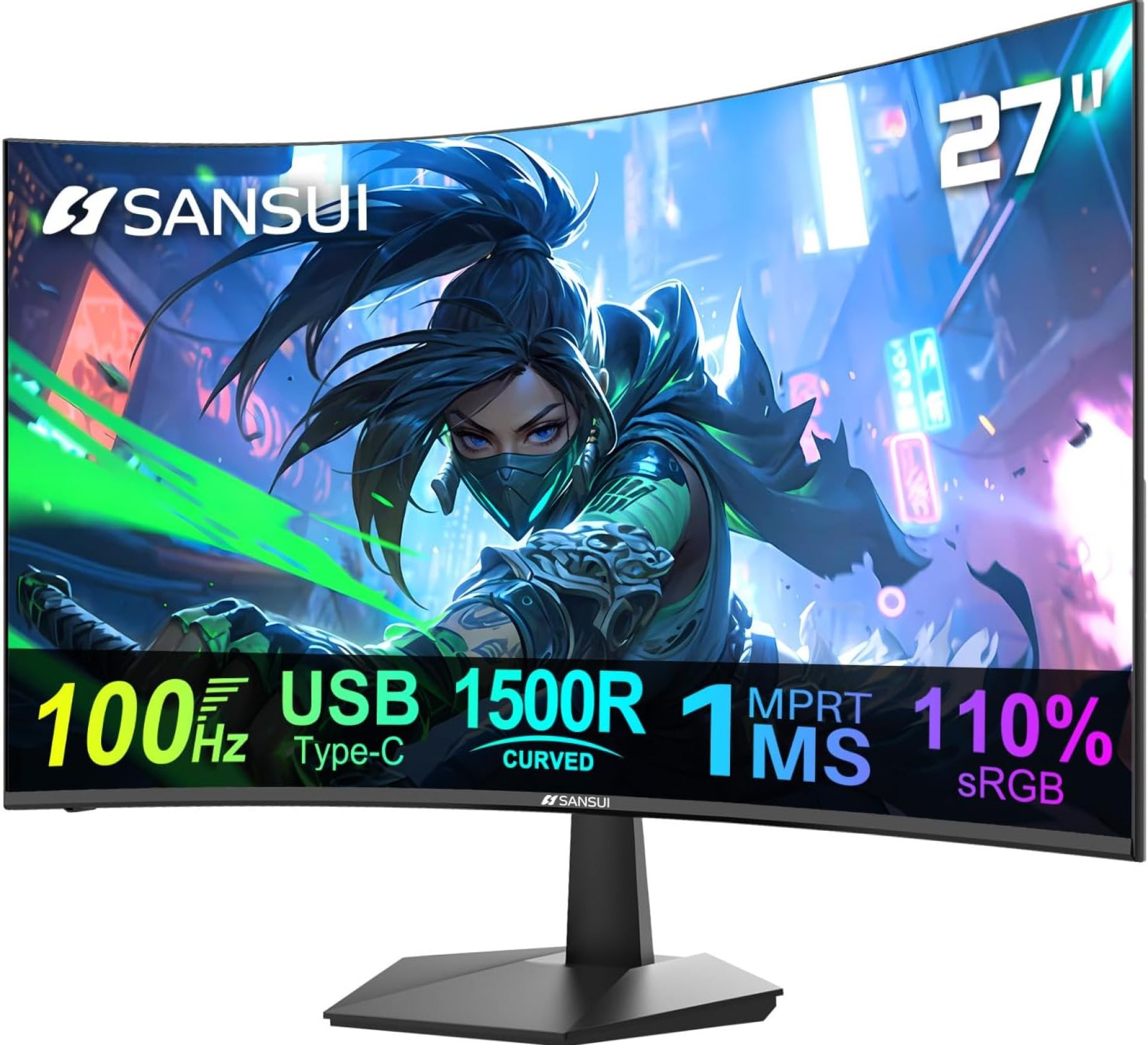 SANSUI Curved Monitor 27 inch 100Hz USB Type-C Computer Monitor with Speakers Built in丨FHD 1080p丨HDR丨110% sRGB丨1500R丨VESA Compatible,for Tablet,Desktop,Laptop and PC Work Gaming (ES-27C1) SANSUI Curved Monitor 27 inch 100Hz USB Type-C Computer Monitor with Speakers Built in丨FHD 1080p丨HDR丨110% sRGB丨1500R丨VESA Compatible,for Tablet,Desktop,Laptop and PC Work Gaming (ES-27C1)