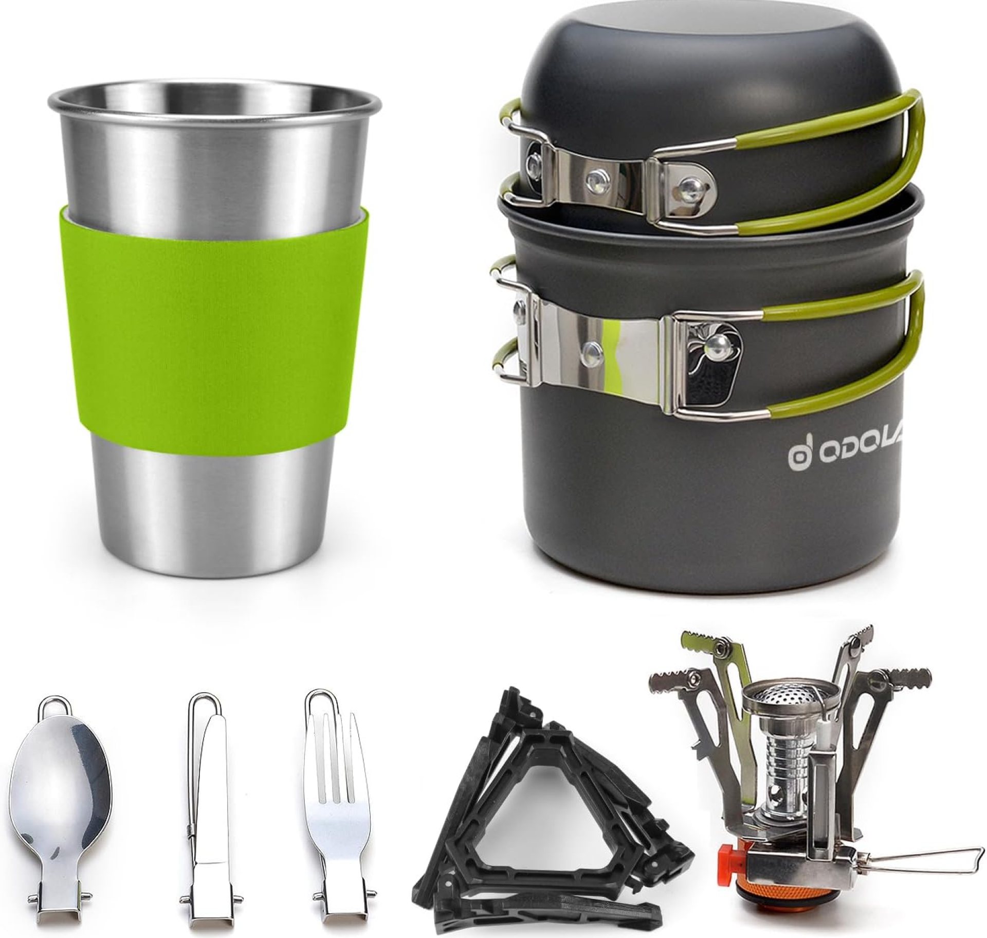 Odoland Camping Cookware Stove Carabiner Canister Stand Tripod and Stainless Steel Cup, Tank Bracket, Fork Spoon Kit for Backpacking, Outdoor Camping Hiking and Picnic Odoland Camping Cookware Stove Carabiner Canister Stand Tripod and Stainless Steel Cup, Tank Bracket, Fork Spoon Kit for Backpacking, Outdoor Camping Hiking and Picnic
