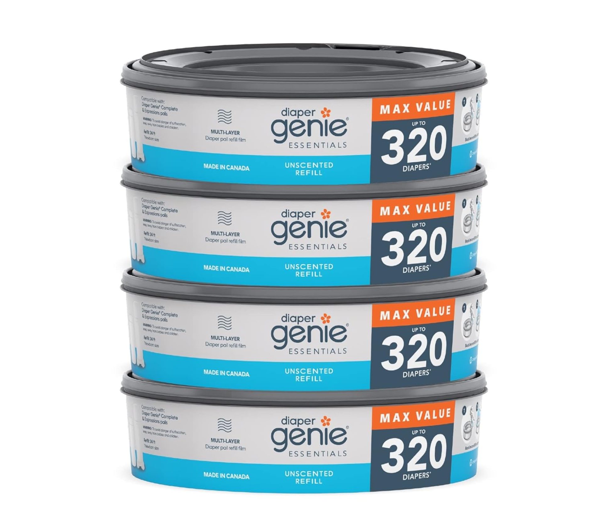 Diaper Genie Essentials Round Refill Pack of 4 | Holds Up to 1280 Newborn Diapers | Features Unscented Continuous Film | Compatible with Diaper Genie Complete and Expressions Pails Diaper Genie Essentials Round Refill Pack of 4 | Holds Up to 1280 Newborn Diapers | Features Unscented Continuous Film | Compatible with Diaper Genie Complete and Expressions Pails