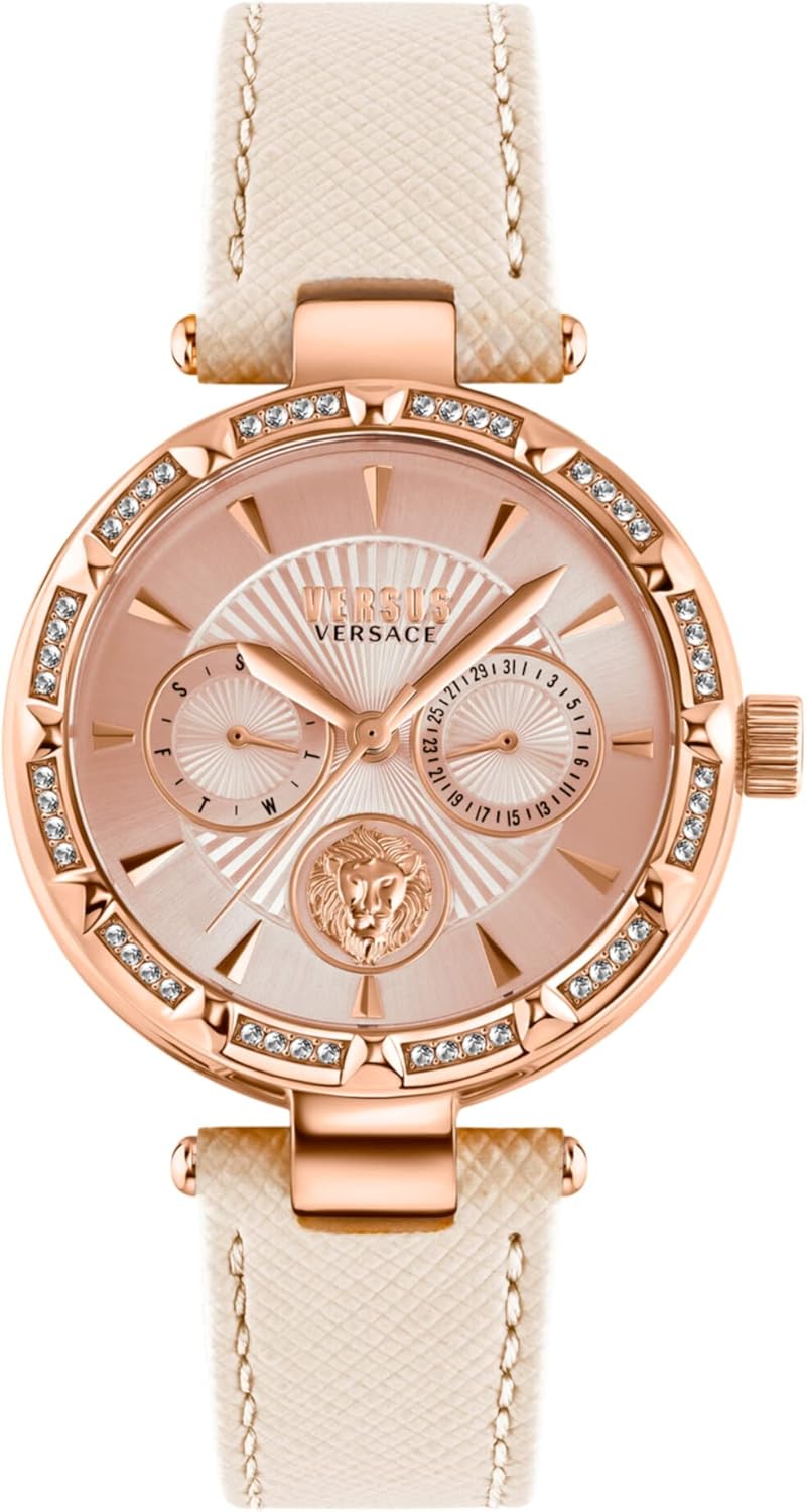 Versus Versace Sertie Crystal Multifunction Collection Luxury Womens Watch Timepieces with a Beige Strap and Case Featuring a Rosegold Dial Versus Versace Sertie Crystal Multifunction Collection Luxury Womens Watch Timepieces with a Beige Strap and Case Featuring a Rosegold Dial