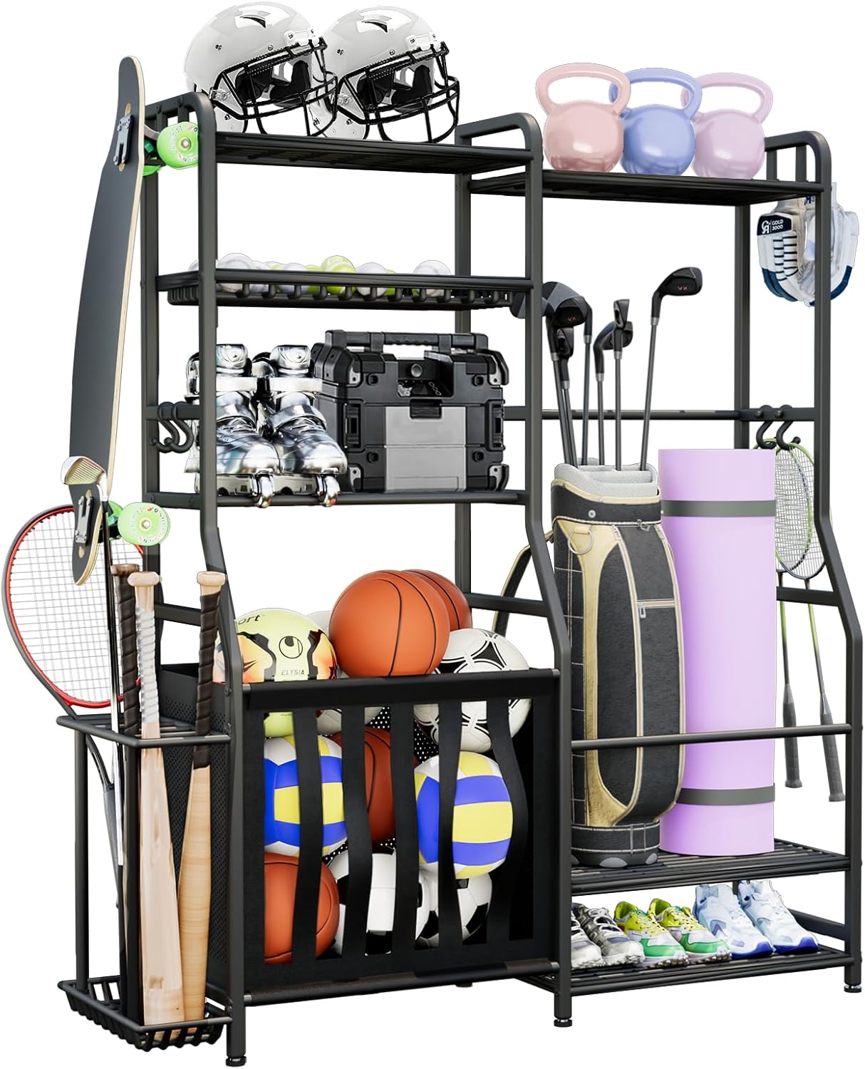 Garage Sports Equipment Organizer, Golf Bag Storage Rack, Heavy Duty Ball Holder with Basket & Hooks, Indoor/Outdoor Basketball Storage Bins for Toy Sports Gear Storage Garage Sports Equipment Organizer, Golf Bag Storage Rack, Heavy Duty Ball Holder with Basket & Hooks, Indoor/Outdoor Basketball Storage Bins for Toy Sports Gear Storage