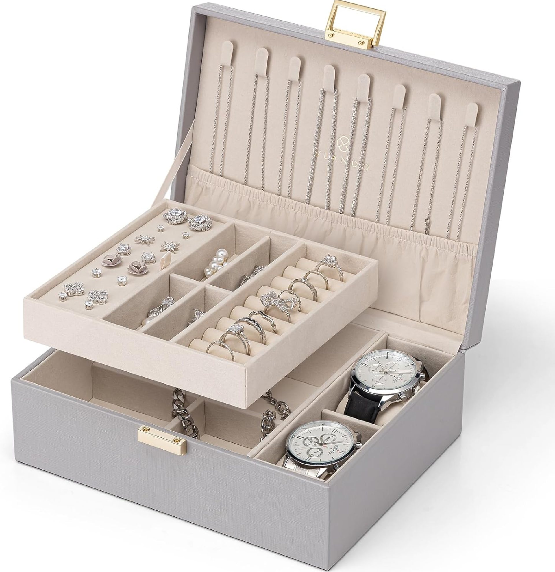 Vlando 2 Layer Jewelry Box Large Jewelry Organizer for Women Removable Jewelery Tray with Watch Pillow for Necklace Earrings Rings Bracelets Gifts for Couples Mom Friends, Bridesmaid (Grey) Vlando 2 Layer Jewelry Box Large Jewelry Organizer for Women Removable Jewelery Tray with Watch Pillow for Necklace Earrings Rings Bracelets Gifts for Couples Mom Friends, Bridesmaid (Grey)