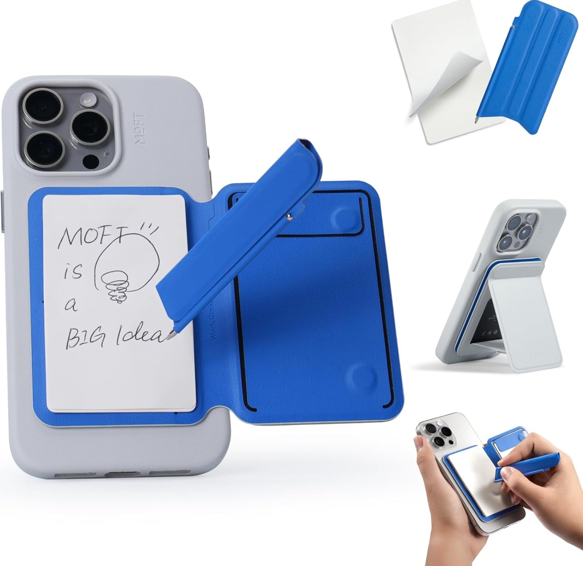 MOFT Action Inspiration MagSafe Phone Stand, Magnetic Notepad Stand Compatible with iPhone 16 Series and Other Phones with Two Types of Notepad and Magnetic Invisible Pen, Misty Cove + Sapphire MOFT Action Inspiration MagSafe Phone Stand, Magnetic Notepad Stand Compatible with iPhone 16 Series and Other Phones with Two Types of Notepad and Magnetic Invisible Pen, Misty Cove + Sapphire