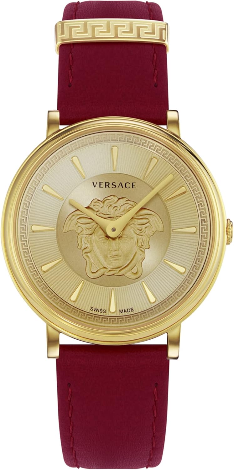 Versace V-Circle Medusa Collection Luxury Womens Watch Timepieces with a Burgundy Strap Featuring a Gold Case and Dial Versace V-Circle Medusa Collection Luxury Womens Watch Timepieces with a Burgundy Strap Featuring a Gold Case and Dial