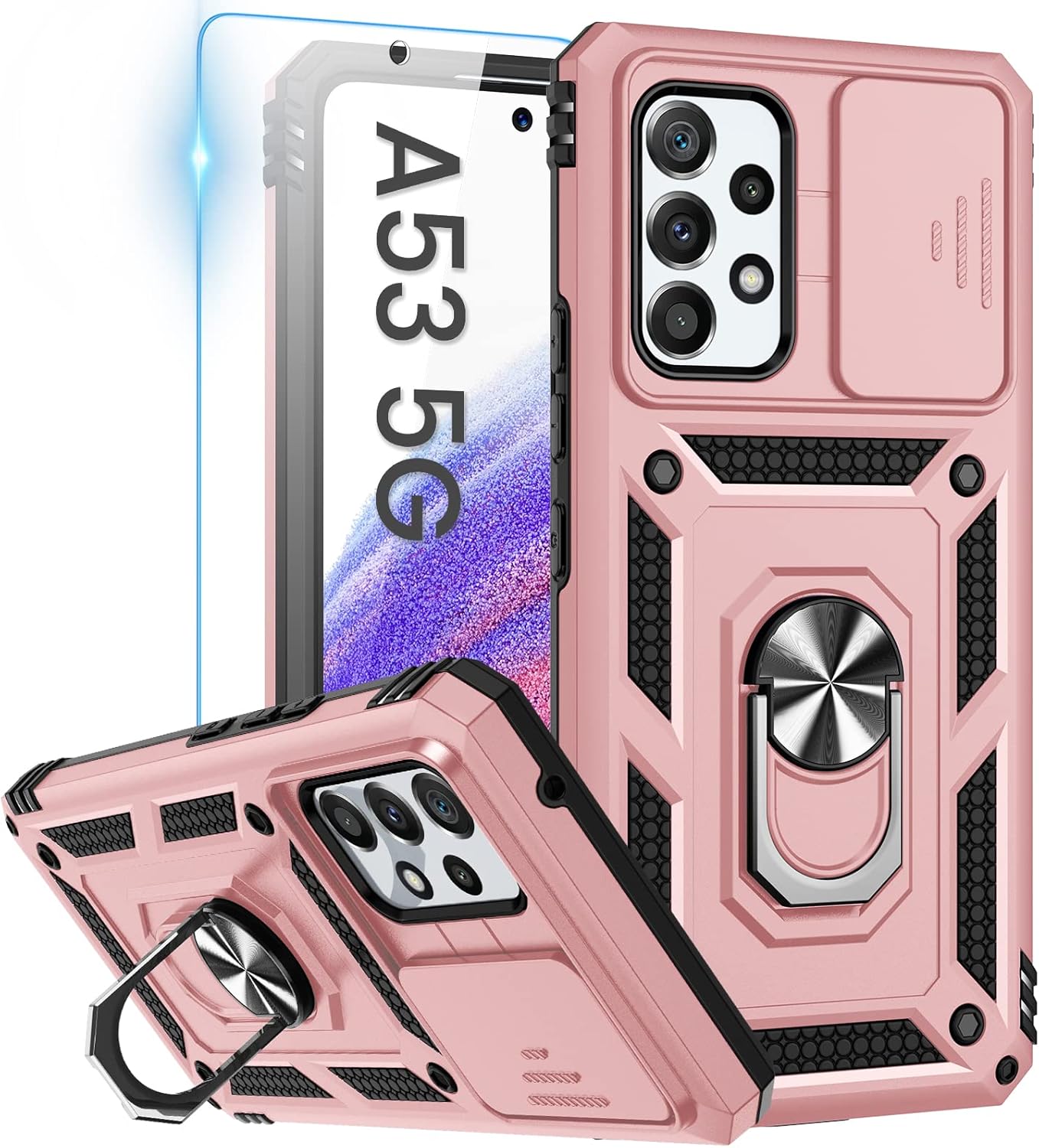 Goton Compatible with Samsung Galaxy A53 5G Case with Camera Cover & 360° Kickstand Ring with Tempered Glass Screen Protector, Military Grade Shockproof Protective Bumper Cover for A53 5G Rose Gold Goton Compatible with Samsung Galaxy A53 5G Case with Camera Cover & 360° Kickstand Ring with Tempered Glass Screen Protector, Military Grade Shockproof Protective Bumper Cover for A53 5G Rose Gold