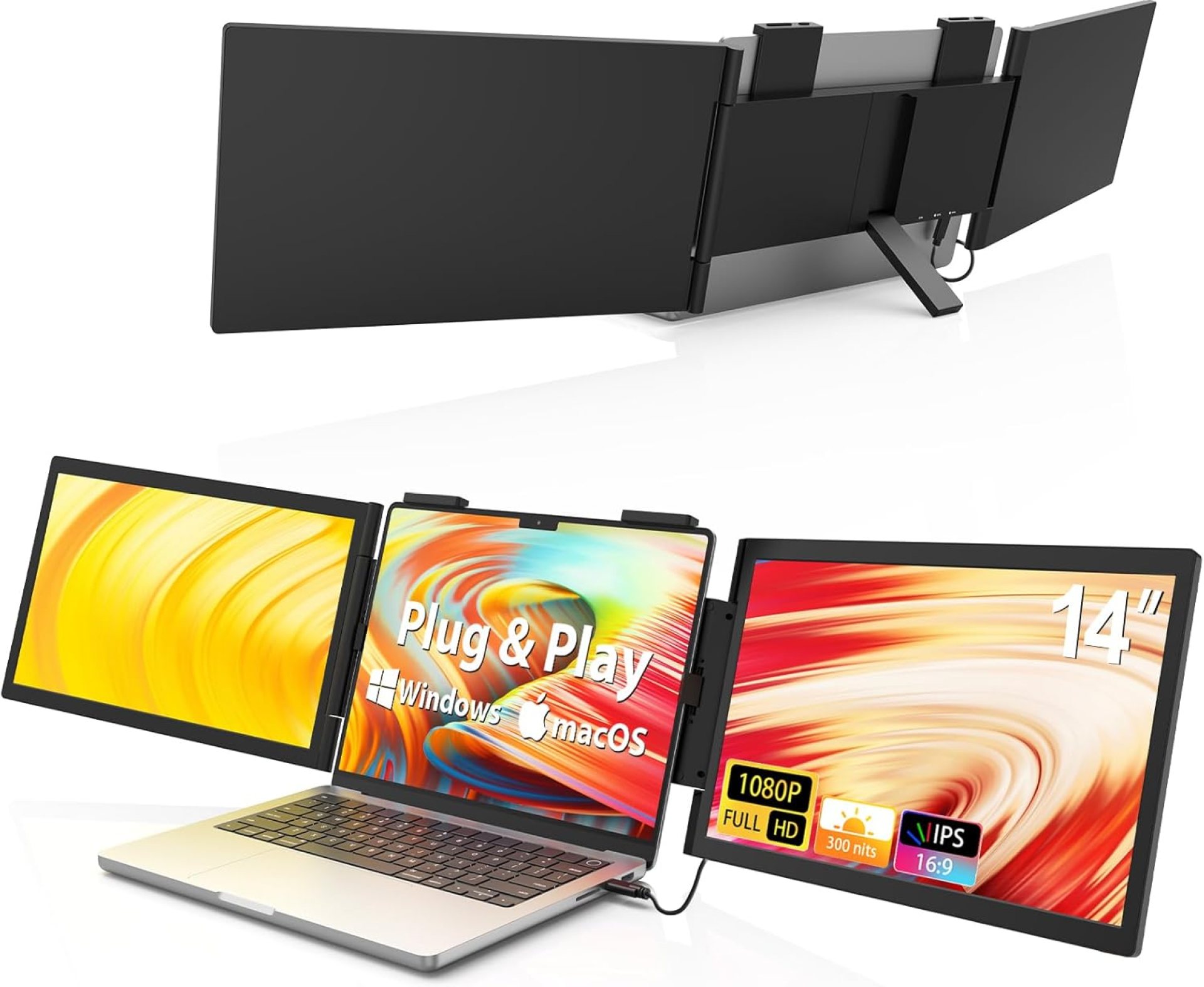 HotYeah Triple Laptop Screen Extender, 14” Dual Portable Extended Monitor (Windows & MacBook), Plug & Play, 1080P USB-C Travel Display w/Kickstand, Tri Screen Monitor for 14-16” Laptop HotYeah Triple Laptop Screen Extender, 14” Dual Portable Extended Monitor (Windows & MacBook), Plug & Play, 1080P USB-C Travel Display w/Kickstand, Tri Screen Monitor for 14-16” Laptop