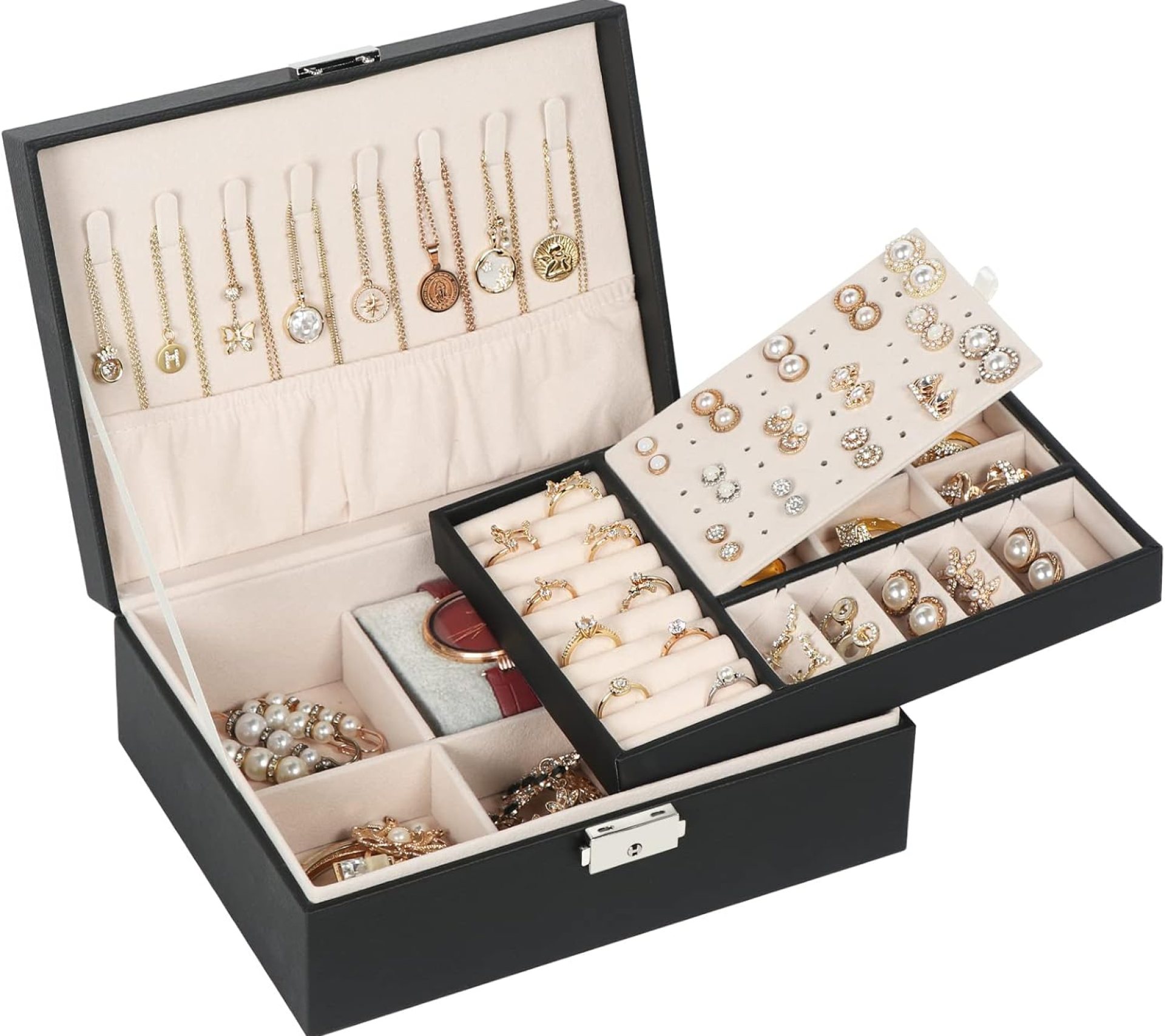 Jewelry Box for Women Girls, 2 Layers Jewelry Organizer Container with Lock, PU Leather Storage Case with Removable Tray, Jewelry Display Box for Necklaces Earrings Bracelets Rings Watches – Black Jewelry Box for Women Girls, 2 Layers Jewelry Organizer Container with Lock, PU Leather Storage Case with Removable Tray, Jewelry Display Box for Necklaces Earrings Bracelets Rings Watches – Black