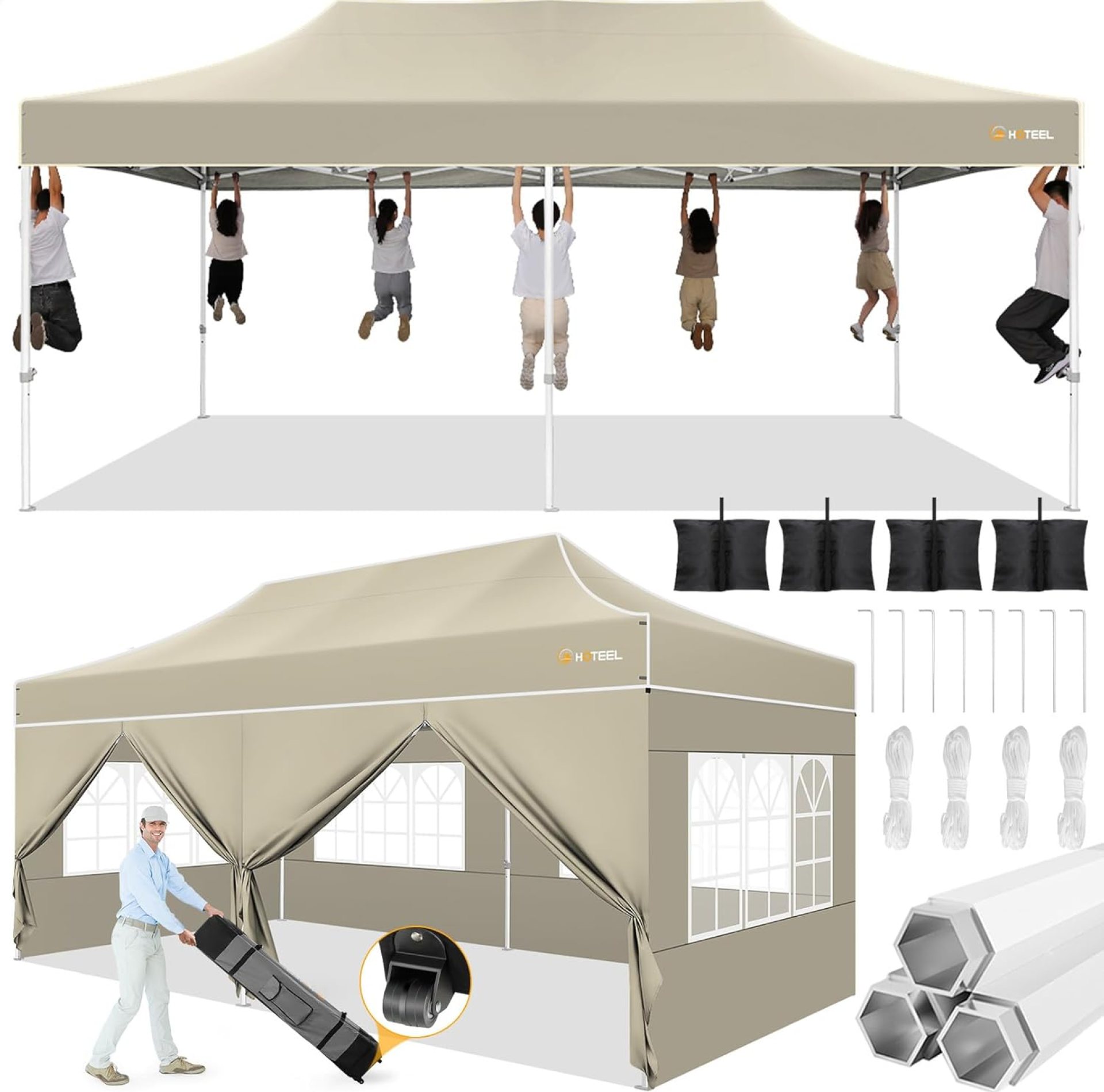 Hoteel Canopy 10×20 Pop Up Canopy Tent Heavy Duty with 6 Sidewalls,UPF50+ and Waterproof 1500mm,3 Height Adjustable,Upgraded Hexagonal Pipe,Commercial Instant Tent,for Picnic,Parties,Wedding,Khaki Hoteel Canopy 10×20 Pop Up Canopy Tent Heavy Duty with 6 Sidewalls,UPF50+ and Waterproof 1500mm,3 Height Adjustable,Upgraded Hexagonal Pipe,Commercial Instant Tent,for Picnic,Parties,Wedding,Khaki