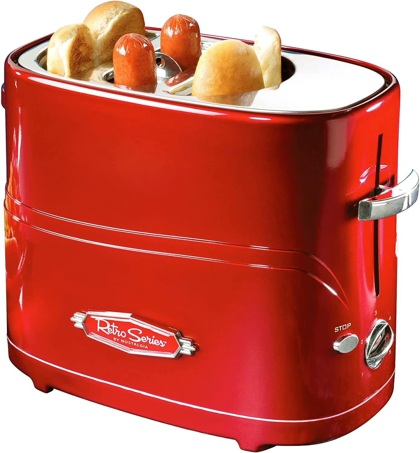 Nostalgia 2 Slot Hot Dog and Bun Toaster with Mini Tongs, Retro Toaster, Cooker that Works Chicken, Turkey, Veggie Links, Sausages Brats, Metallic Red Nostalgia 2 Slot Hot Dog and Bun Toaster with Mini Tongs, Retro Toaster, Cooker that Works Chicken, Turkey, Veggie Links, Sausages Brats, Metallic Red