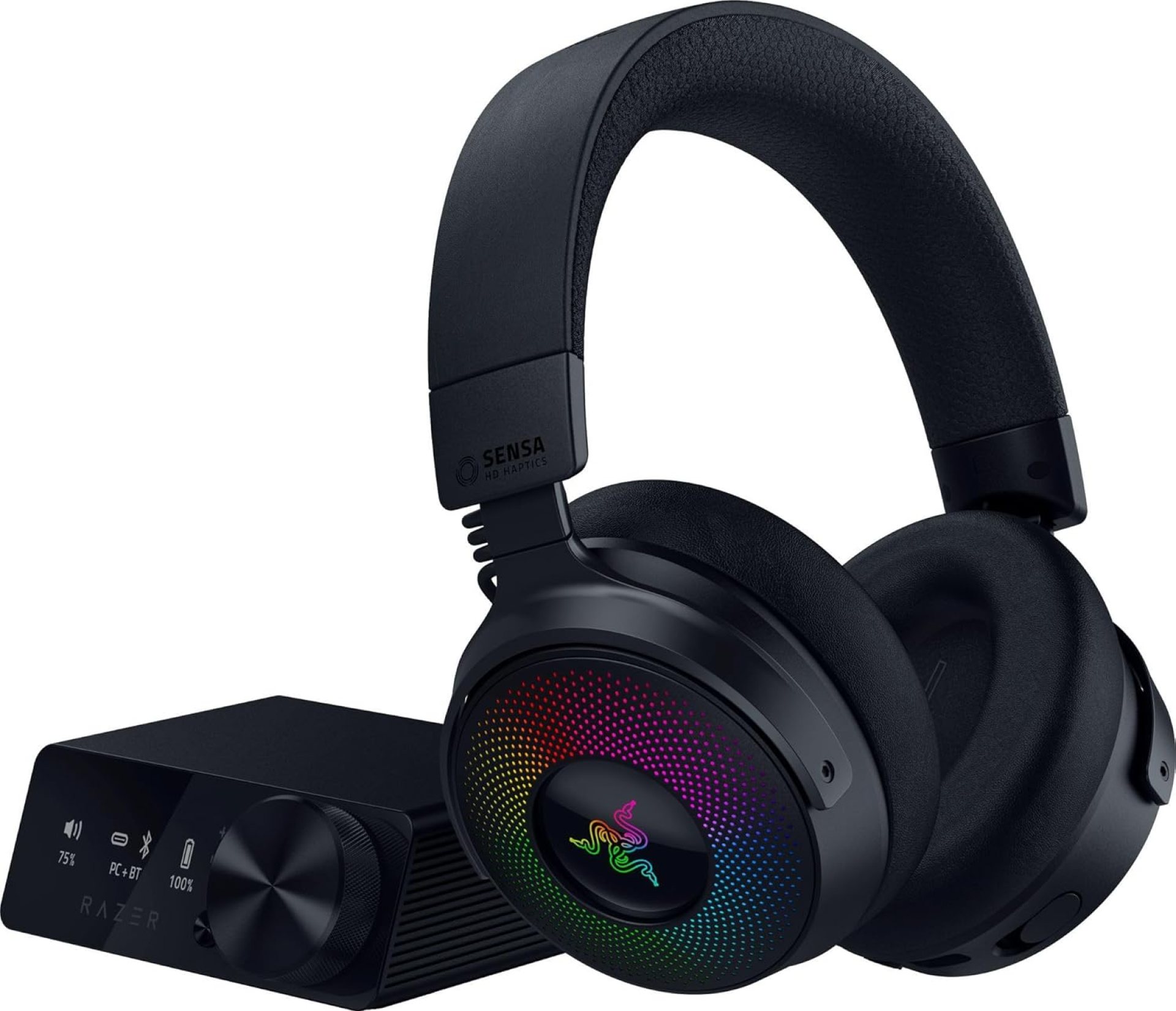 Razer Kraken V4 Pro Wireless Gaming Headset: OLED Control Hub – HD Haptics – 2.4GHz Wireless – Bluetooth – USB – 3.5 mm – Super Wideband Mic – For PC, Mac, PS5, Nintendo Switch, Steam Deck, Smartphone Razer Kraken V4 Pro Wireless Gaming Headset: OLED Control Hub – HD Haptics – 2.4GHz Wireless – Bluetooth – USB – 3.5 mm – Super Wideband Mic – For PC, Mac, PS5, Nintendo Switch, Steam Deck, Smartphone