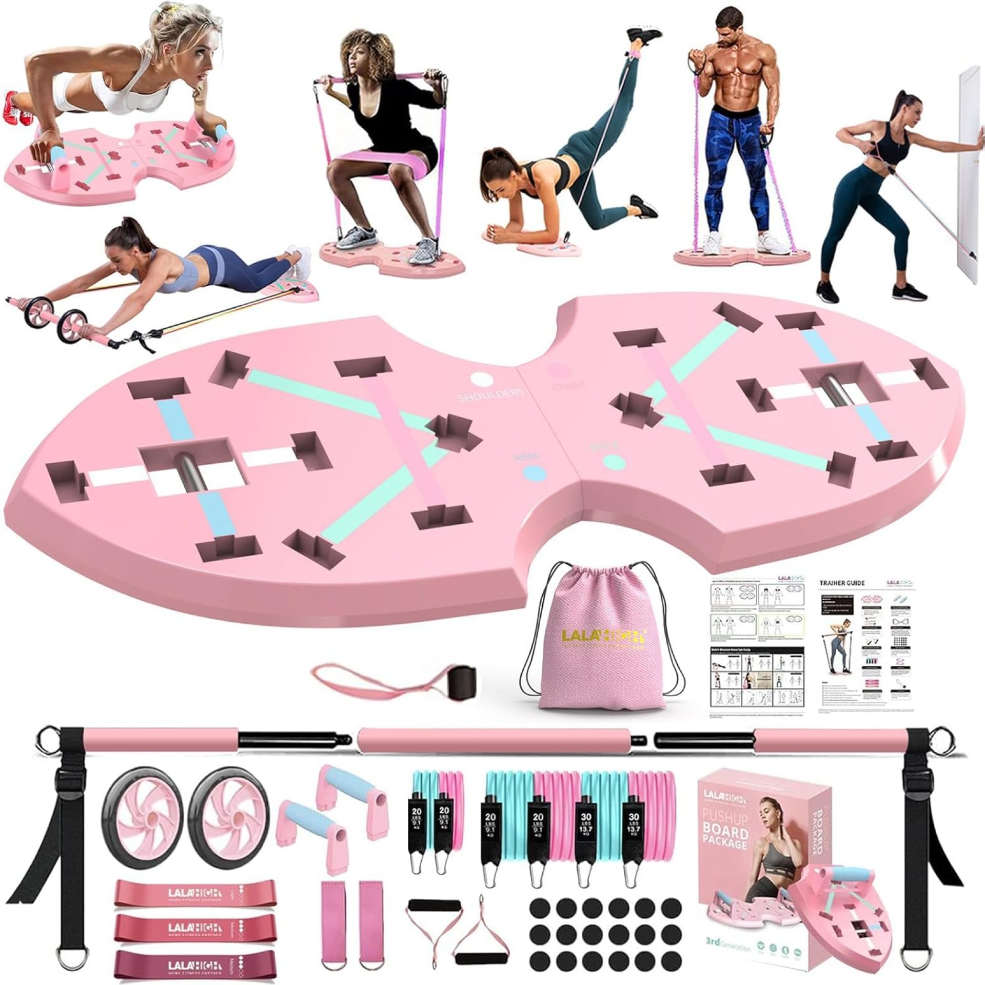 LALAHIGH Portable Home Gym System for Men and Women:Push Up Board, Pilates Bar & 20 Fitness Accessories with Resistance Bands and Ab Roller Wheel-Professional Strength Training Exercise LALAHIGH Portable Home Gym System for Men and Women:Push Up Board, Pilates Bar & 20 Fitness Accessories with Resistance Bands and Ab Roller Wheel-Professional Strength Training Exercise