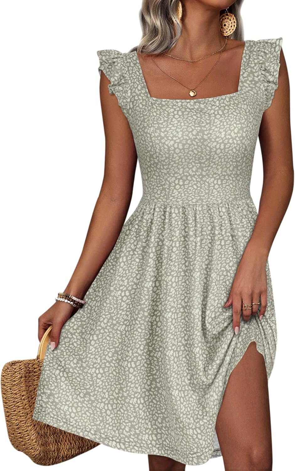 Loemes Summer Casual Cute Floral Flowy Square Neck Sundressses with Pocket Beach Dress for Women Loemes Summer Casual Cute Floral Flowy Square Neck Sundressses with Pocket Beach Dress for Women