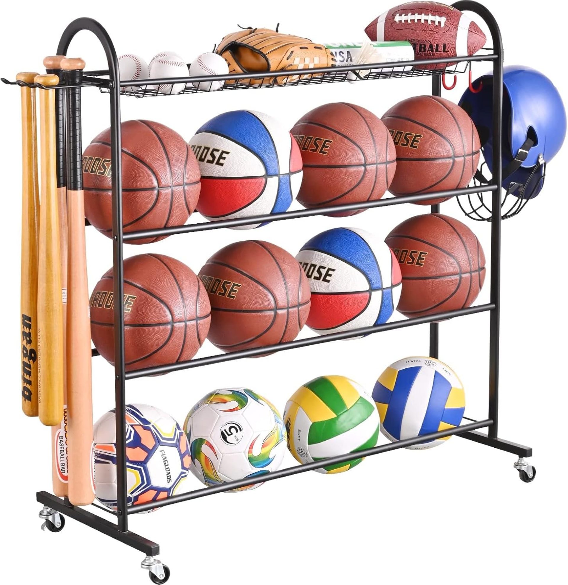 PLKOW Basketball Rack, Rolling Ball Storage with Baseball Bat Holder and Hooks, Sports Equipment Storage with Wheels for Volleyball, Football and Basketball Accessories, Powder Coated Steel PLKOW Basketball Rack, Rolling Ball Storage with Baseball Bat Holder and Hooks, Sports Equipment Storage with Wheels for Volleyball, Football and Basketball Accessories, Powder Coated Steel