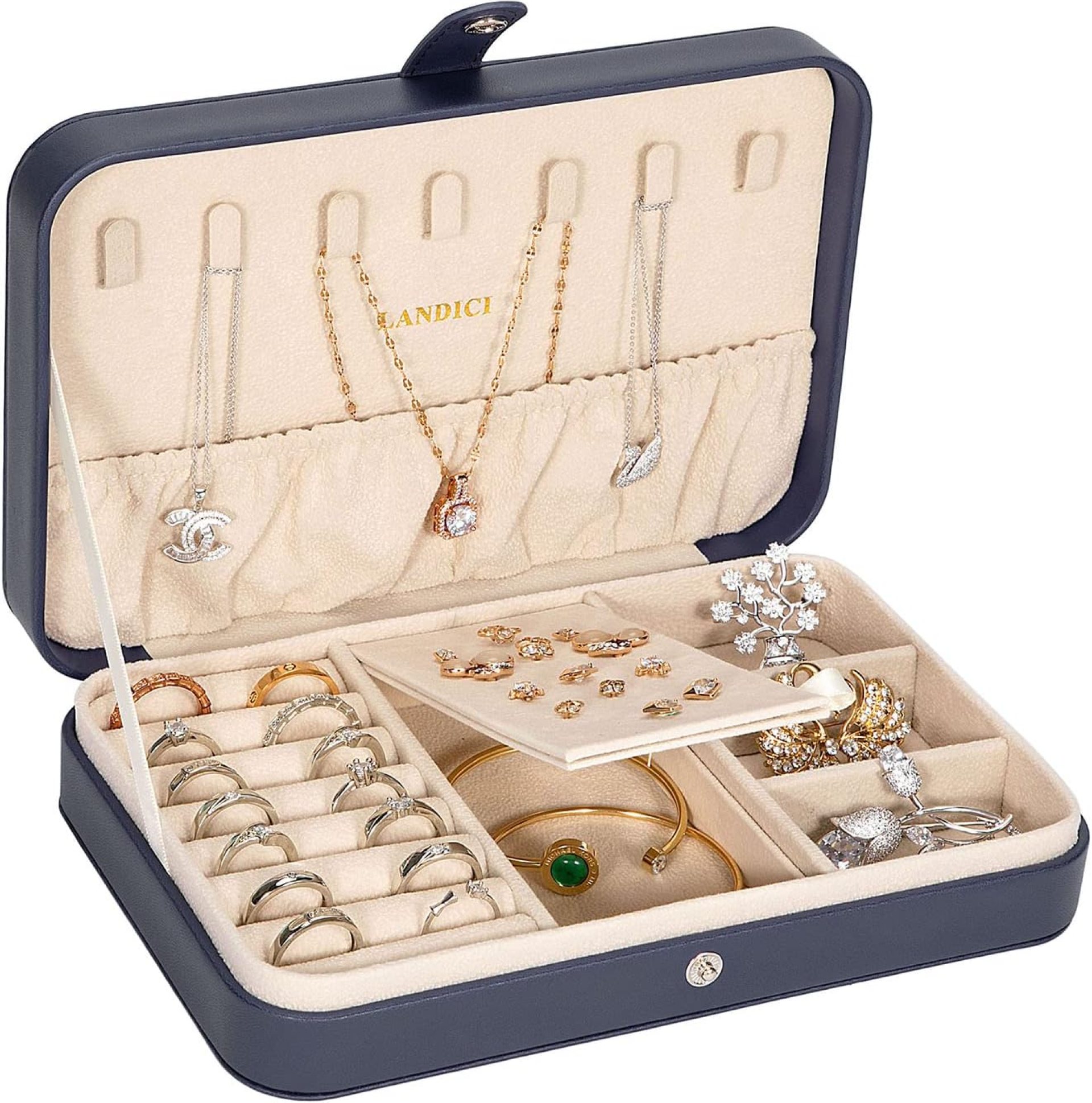 LANDICI Small Jewelry Box for Women Girls, PU Leather Travel Jewelry Case, Portable Jewelry Organizer Storage Holder Display for Ring Earrings Necklace Bracelet Bangle Men Kids Gift, Dark Blue LANDICI Small Jewelry Box for Women Girls, PU Leather Travel Jewelry Case, Portable Jewelry Organizer Storage Holder Display for Ring Earrings Necklace Bracelet Bangle Men Kids Gift, Dark Blue