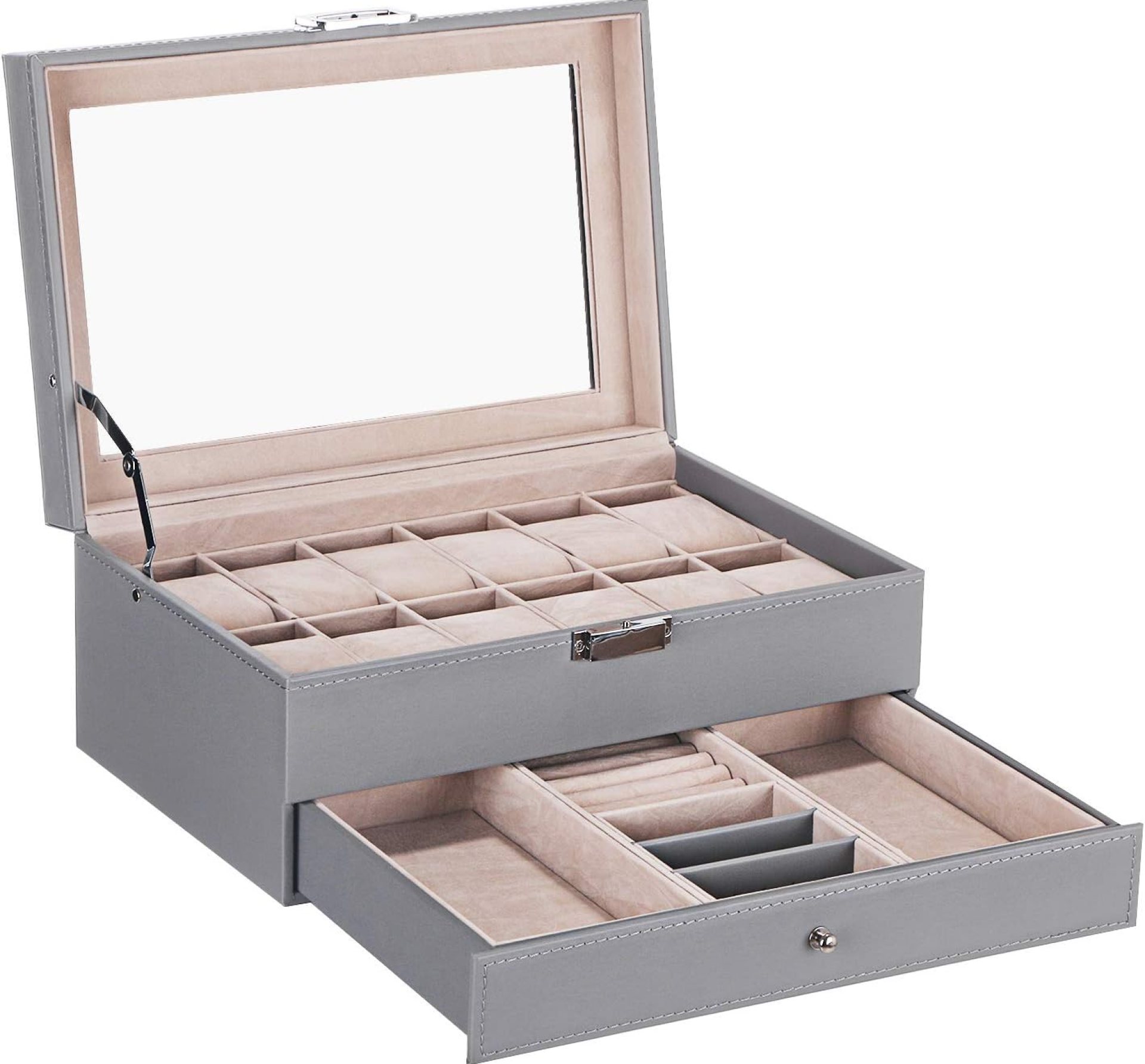 BEWISHOME Watch Box Organizer with Valet Drawer – Real Glass Top, Adjustable Tray, Metal Hinge – 12 Slots Watch Case Jewelry Box for Women Men, Grey SSH02H BEWISHOME Watch Box Organizer with Valet Drawer – Real Glass Top, Adjustable Tray, Metal Hinge – 12 Slots Watch Case Jewelry Box for Women Men, Grey SSH02H
