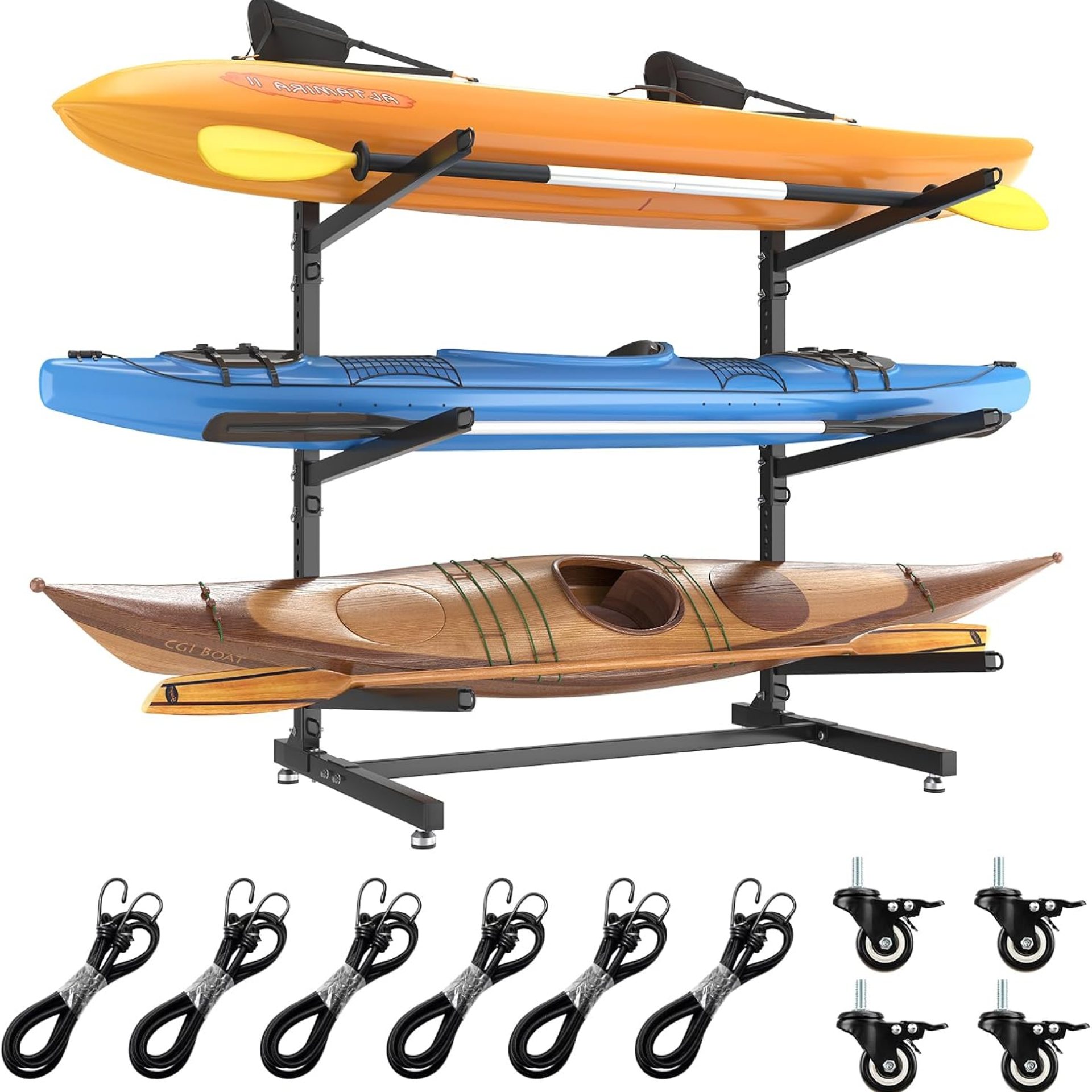 LotFun Kayak Storage Rack, Freestanding Heavy Duty Adjustable Kayak Stand Indoor Outdoor Storage Rack Garage, with Wheels and Foot Pad, for Kayaks, SUPs, Canoes, Surfboard LotFun Kayak Storage Rack, Freestanding Heavy Duty Adjustable Kayak Stand Indoor Outdoor Storage Rack Garage, with Wheels and Foot Pad, for Kayaks, SUPs, Canoes, Surfboard