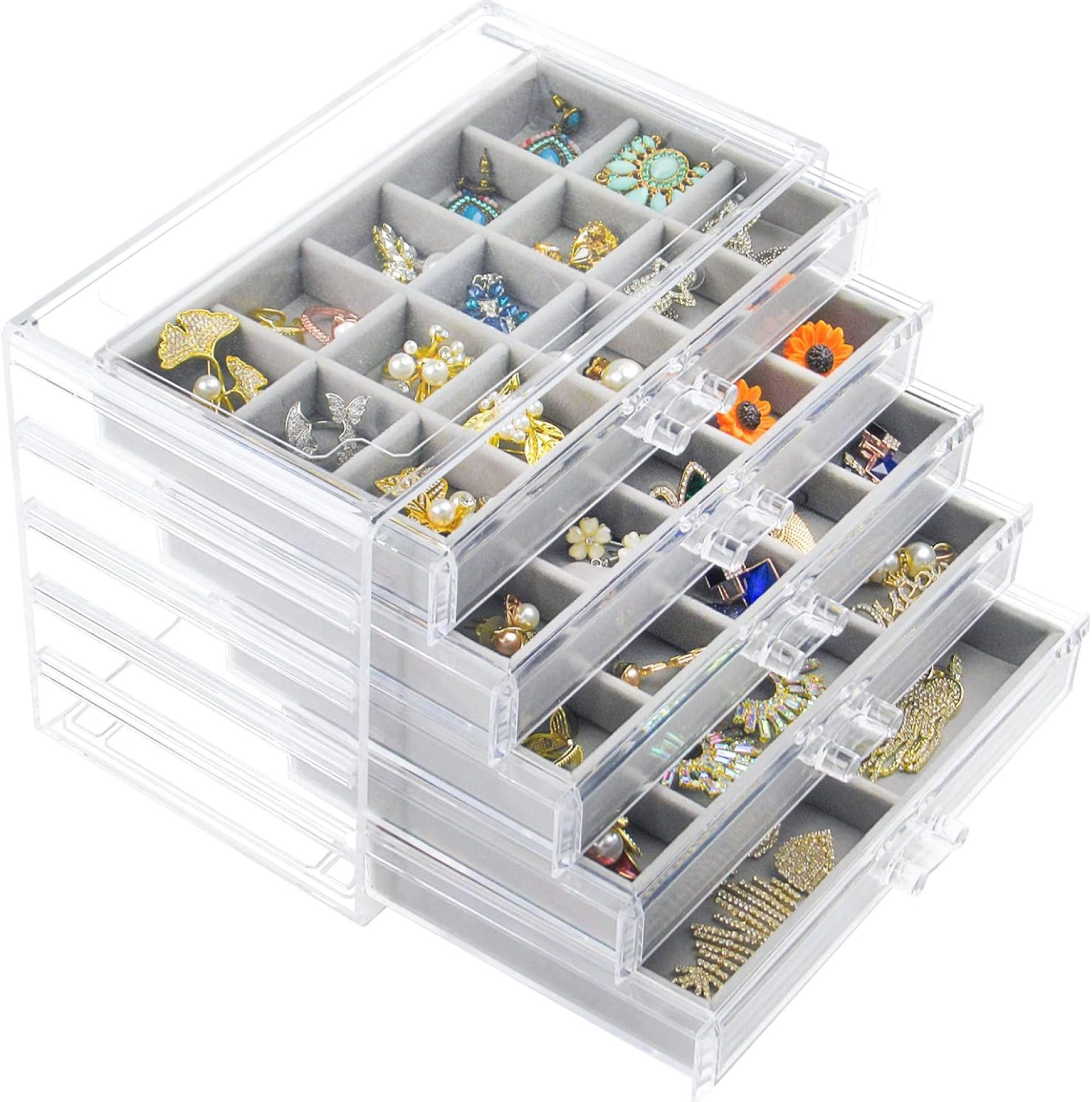 Acrylic Jewelry Box with 5 Drawers, Clear Earring Storage Organizer Display Case for Women Girls, Gray Acrylic Jewelry Box with 5 Drawers, Clear Earring Storage Organizer Display Case for Women Girls, Gray
