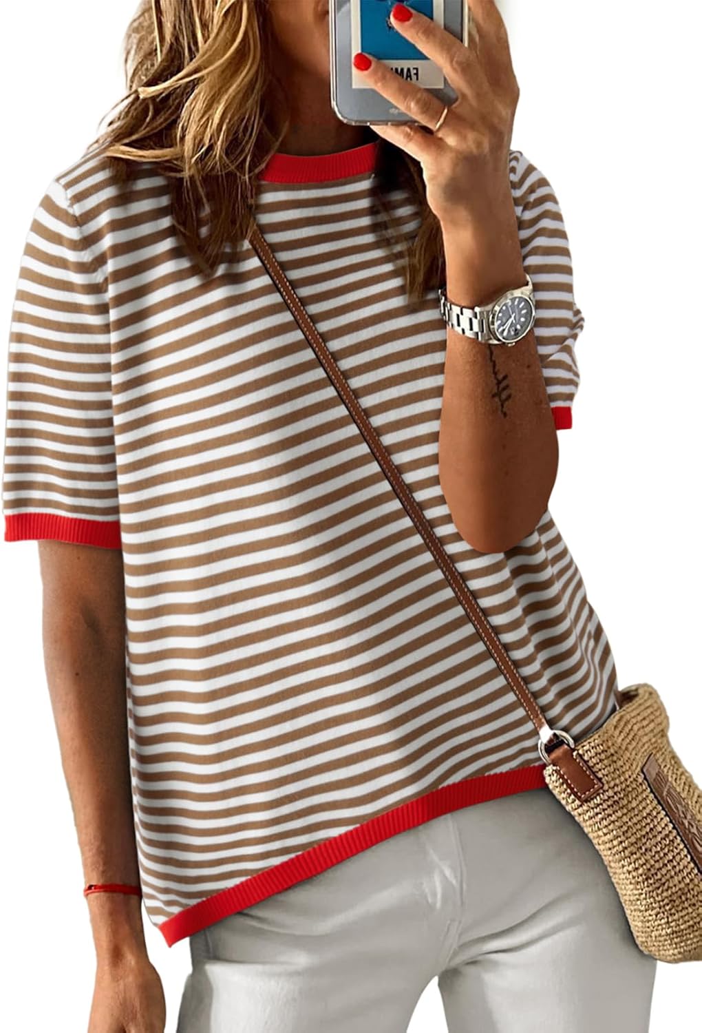 Dokotoo Womens Tops Casual Summer Crewneck Short Sleeve Striped Color Block Knit High Low Trendy Pullover Sweaters Dokotoo Womens Tops Casual Summer Crewneck Short Sleeve Striped Color Block Knit High Low Trendy Pullover Sweaters